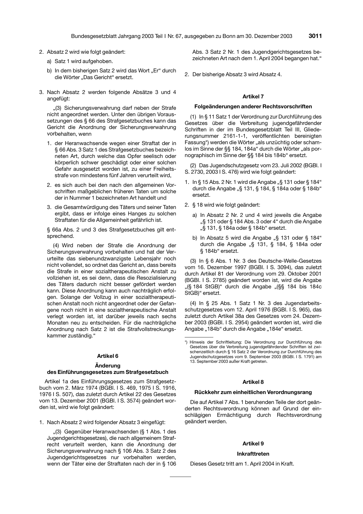 BGBl. 2003, Seite 3011 — Originalseite als Abbildung