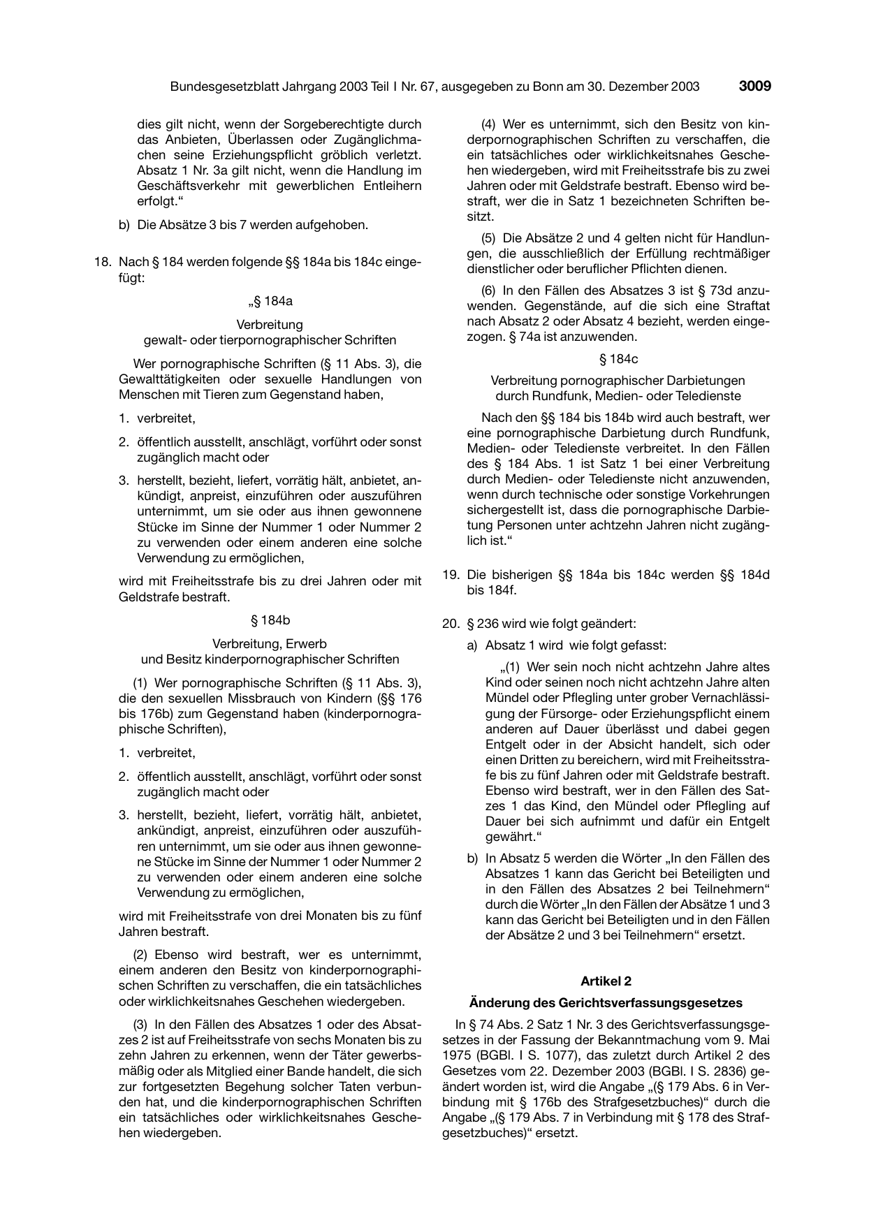 BGBl. 2003, Seite 3009 — Originalseite als Abbildung