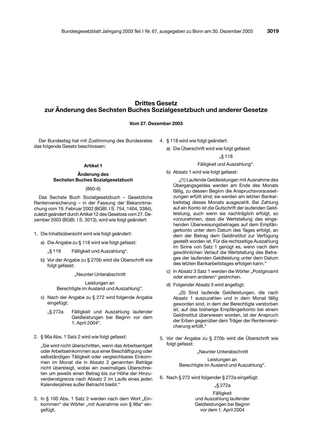 BGBl. 2003, Seite 3019 — Originalseite als Abbildung