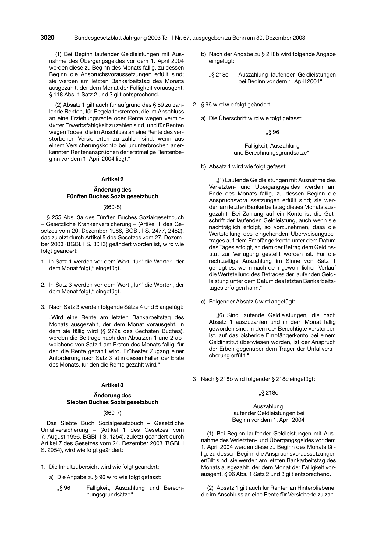 BGBl. 2003, Seite 3020 — Originalseite als Abbildung