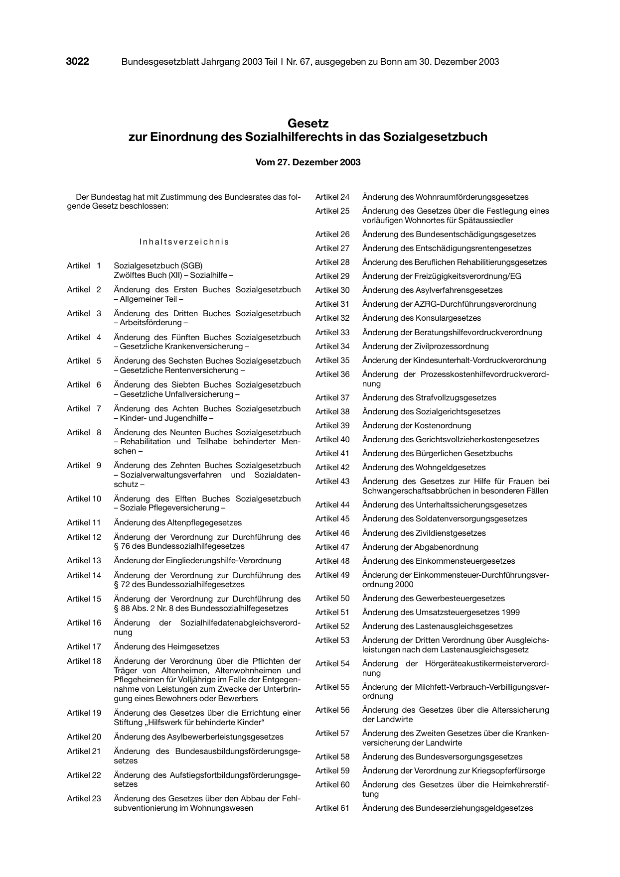 BGBl. 2003, Seite 3022 — Originalseite als Abbildung