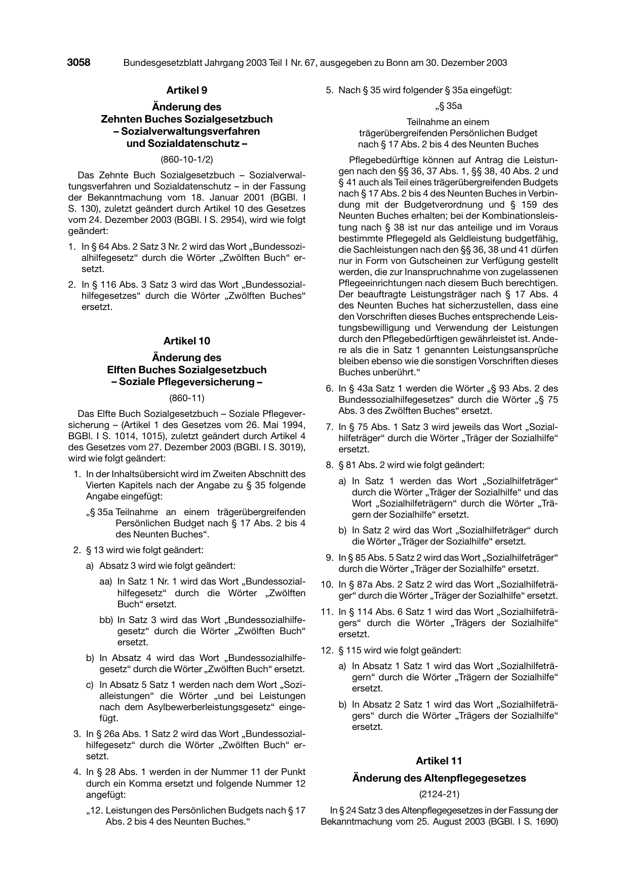 BGBl. 2003, Seite 3058 — Originalseite als Abbildung