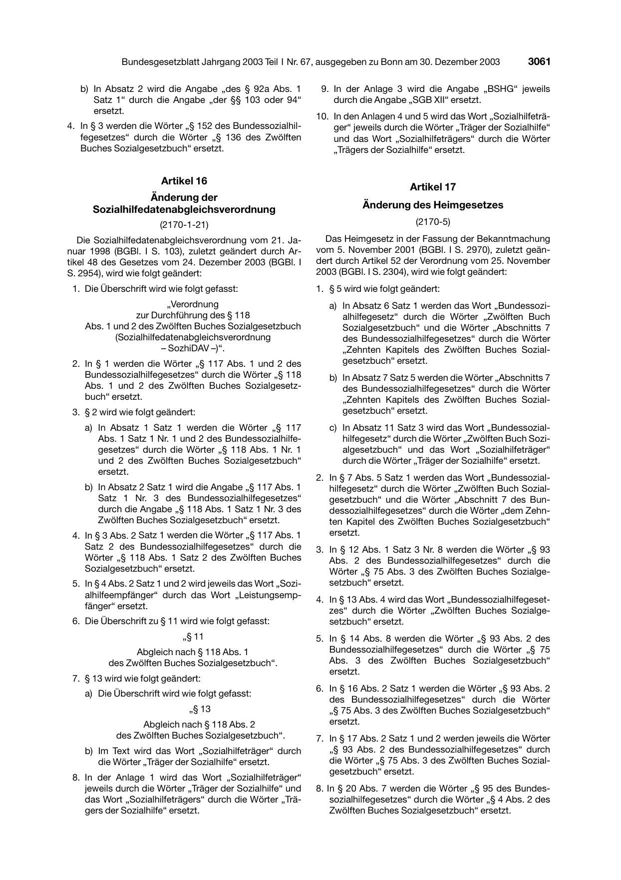BGBl. 2003, Seite 3061 — Originalseite als Abbildung