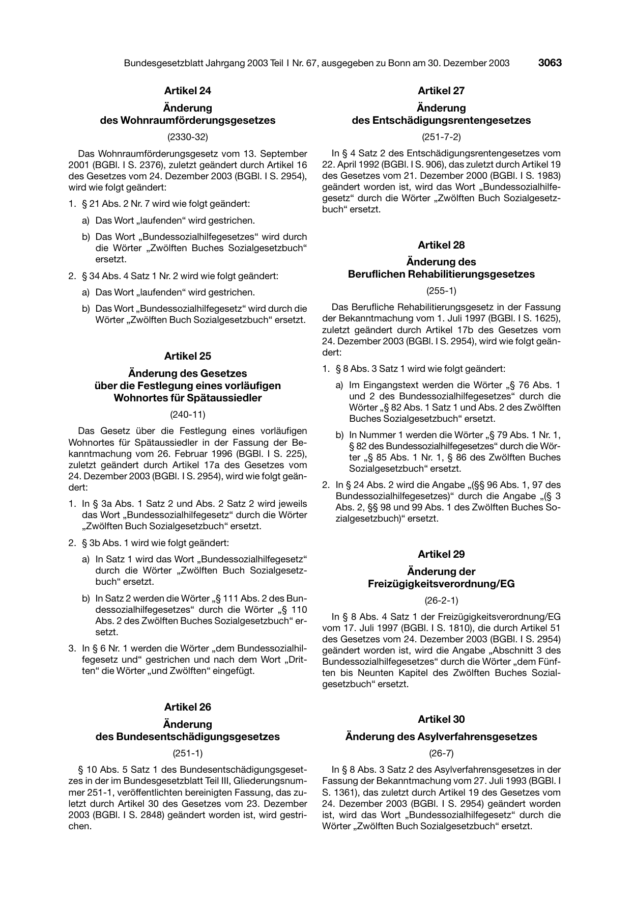 BGBl. 2003, Seite 3063 — Originalseite als Abbildung