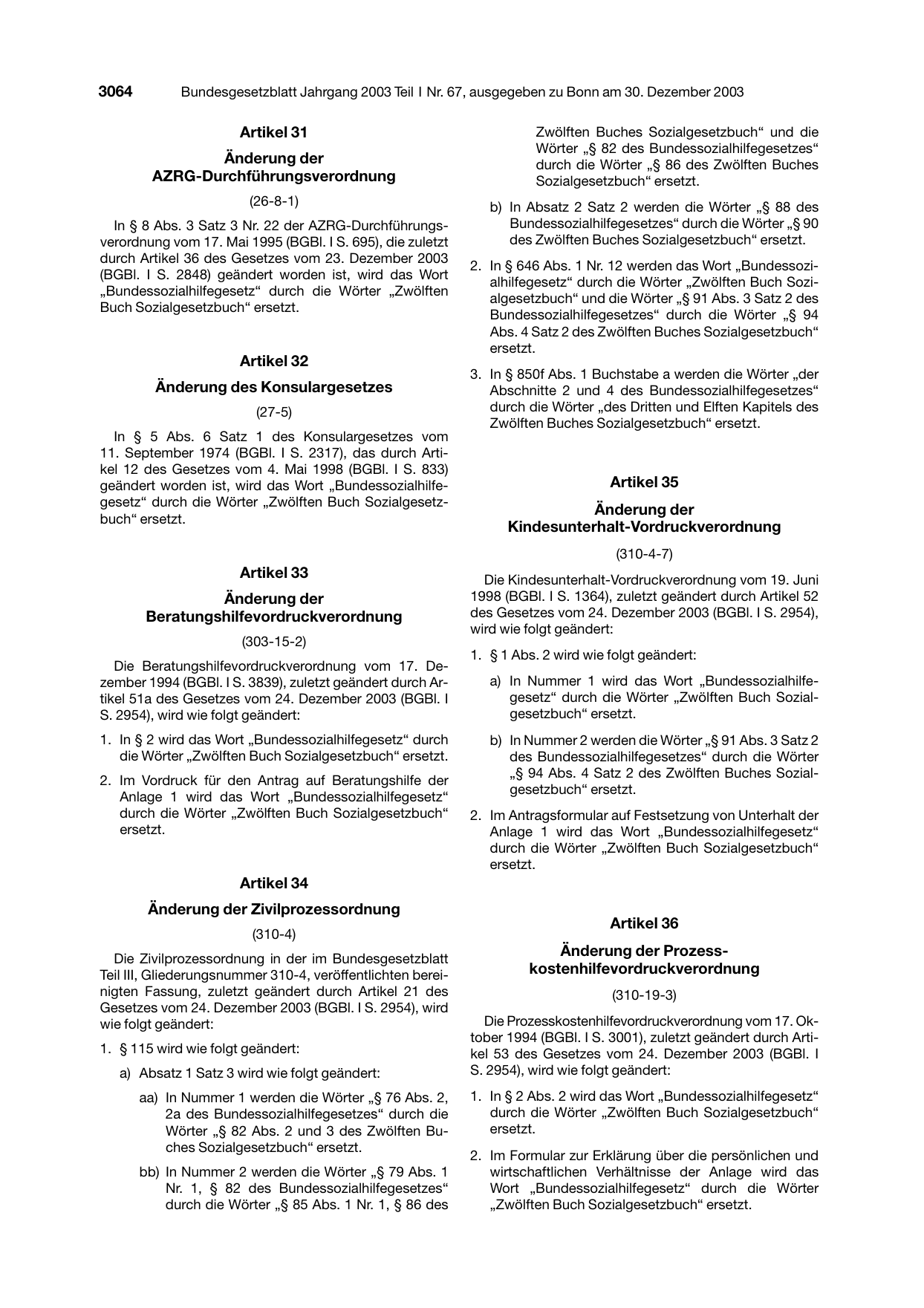 BGBl. 2003, Seite 3064 — Originalseite als Abbildung
