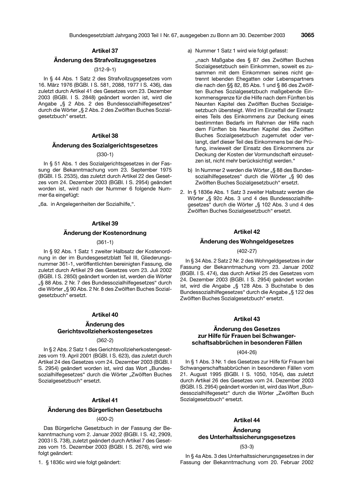 BGBl. 2003, Seite 3065 — Originalseite als Abbildung