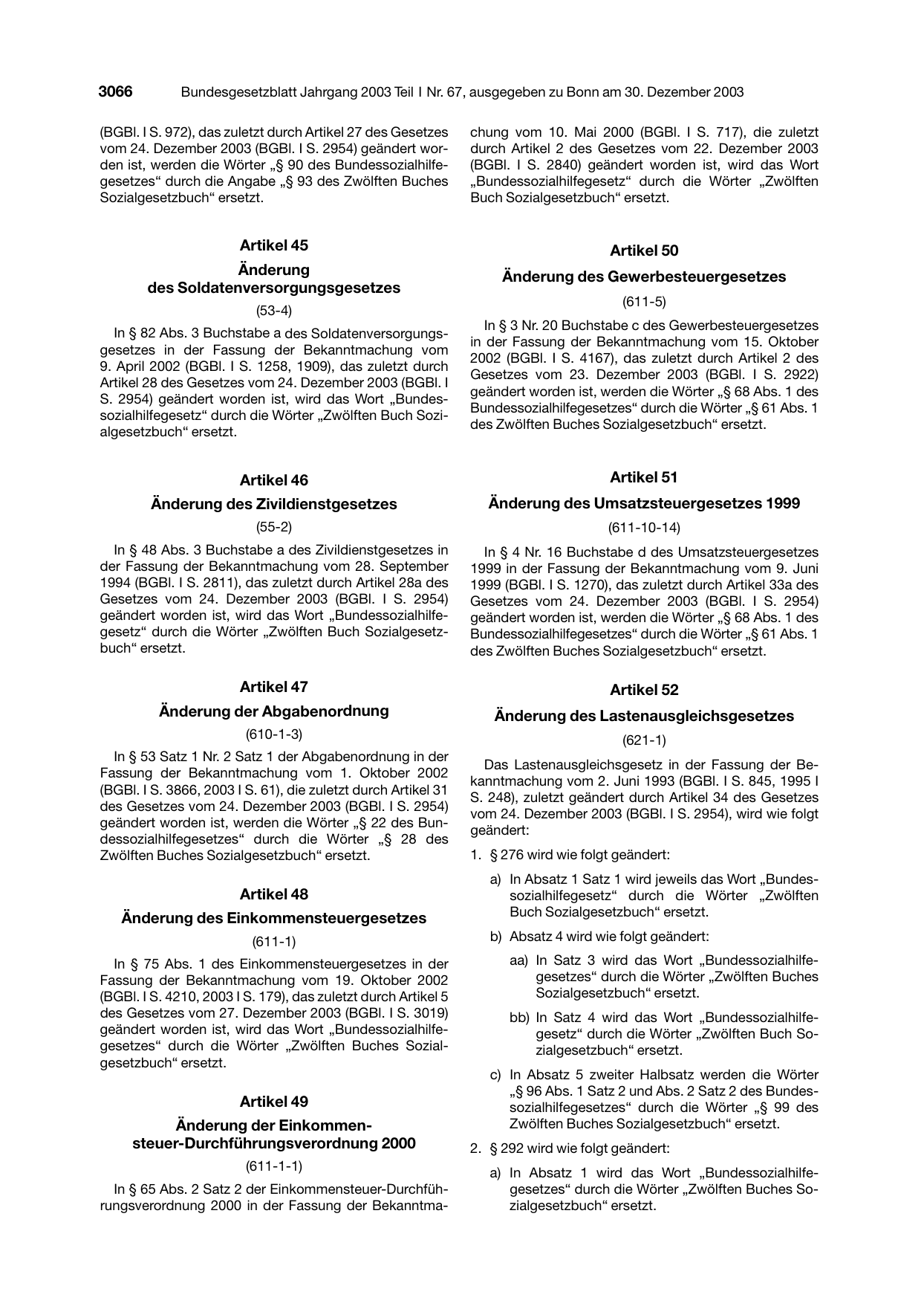 BGBl. 2003, Seite 3066 — Originalseite als Abbildung