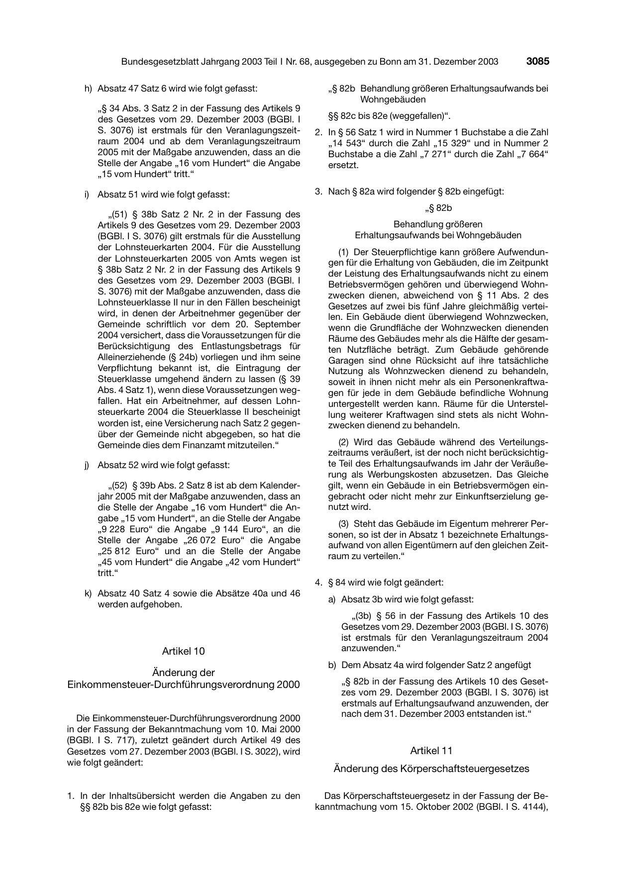 BGBl. 2003, Seite 3085 — Originalseite als Abbildung