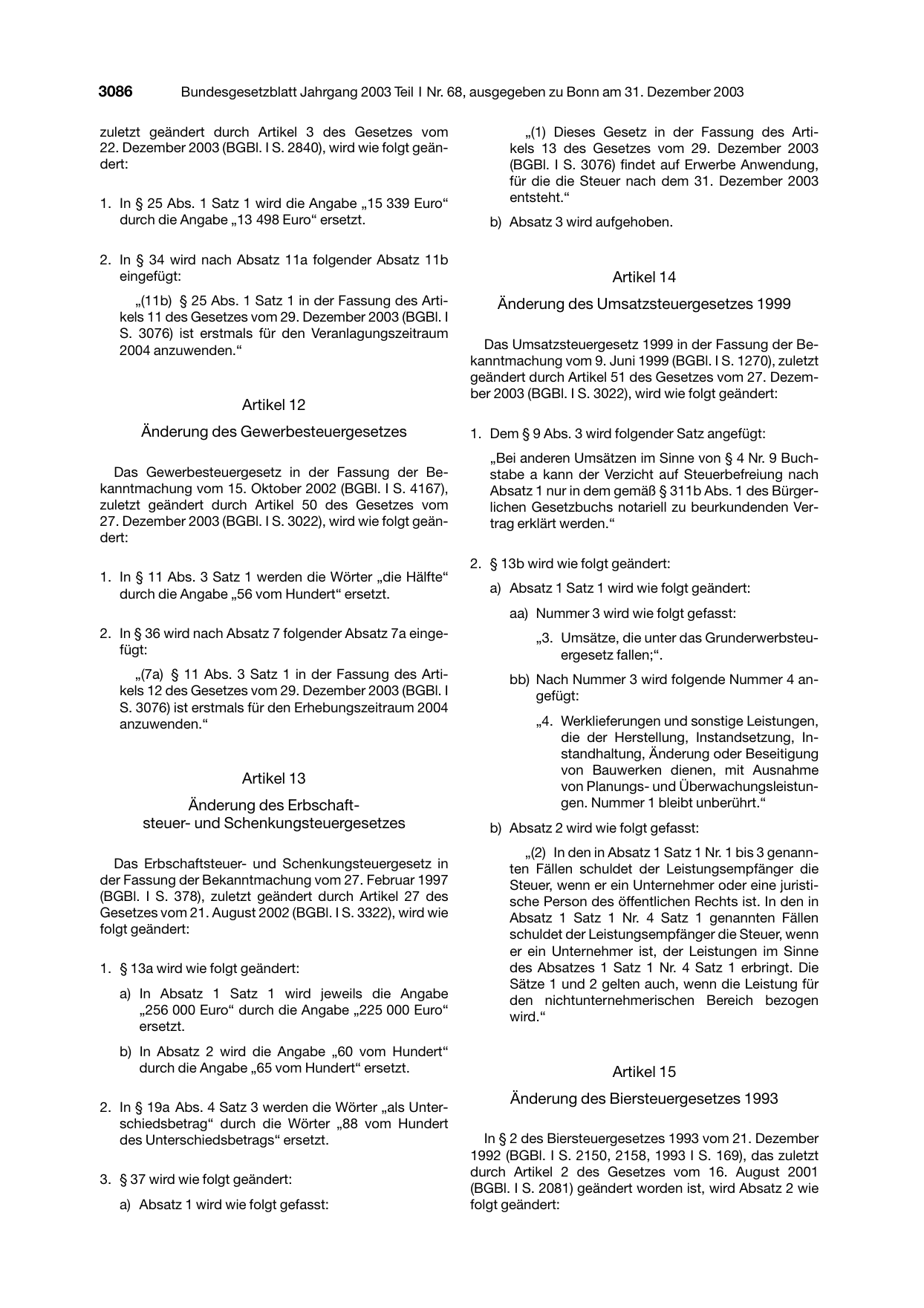 BGBl. 2003, Seite 3086 — Originalseite als Abbildung