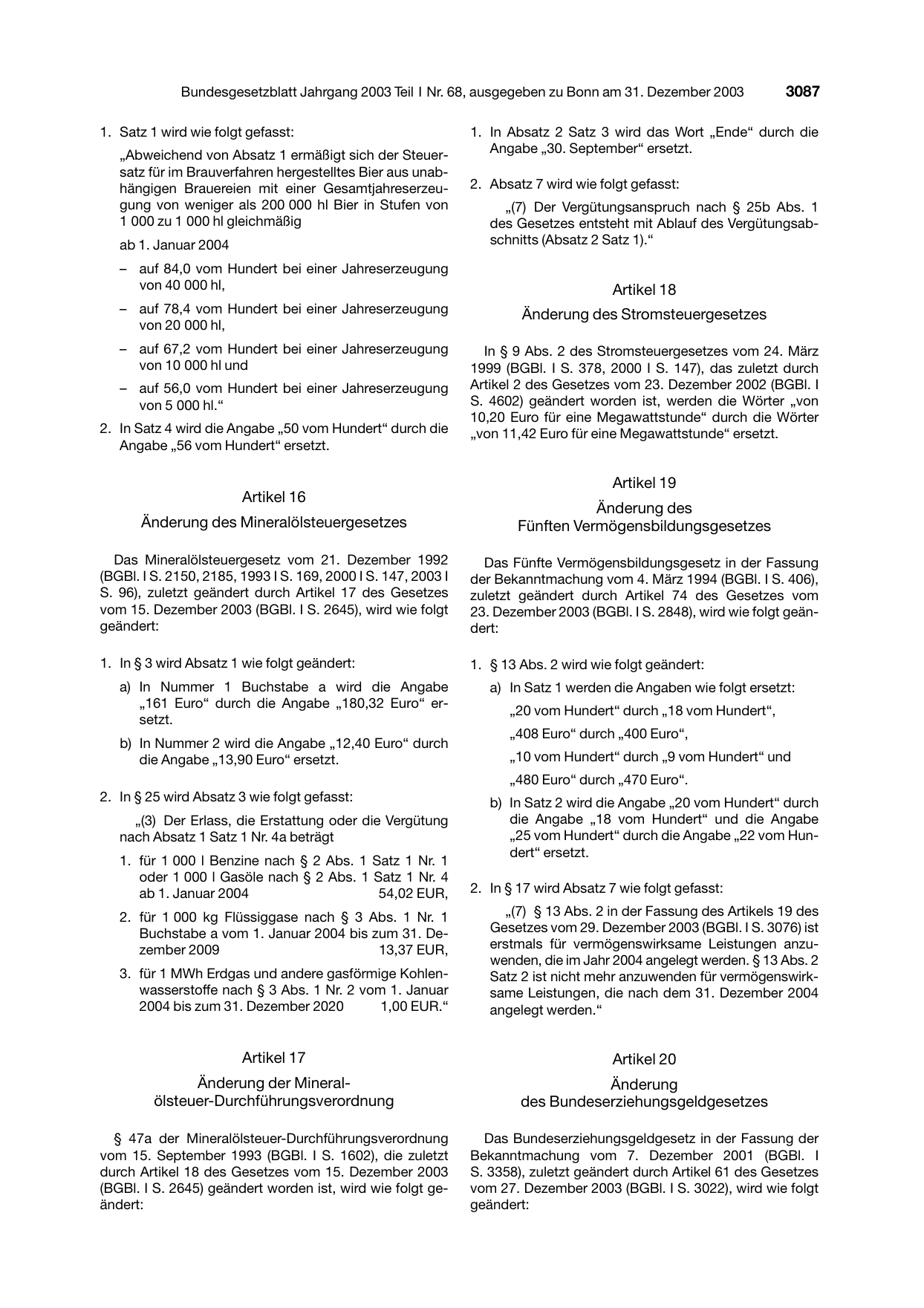 BGBl. 2003, Seite 3087 — Originalseite als Abbildung