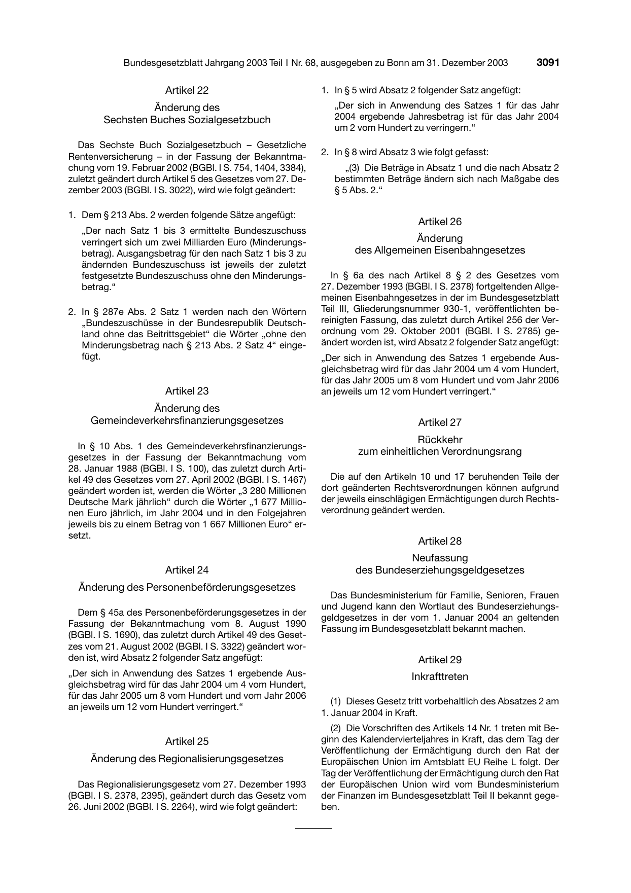 BGBl. 2003, Seite 3091 — Originalseite als Abbildung