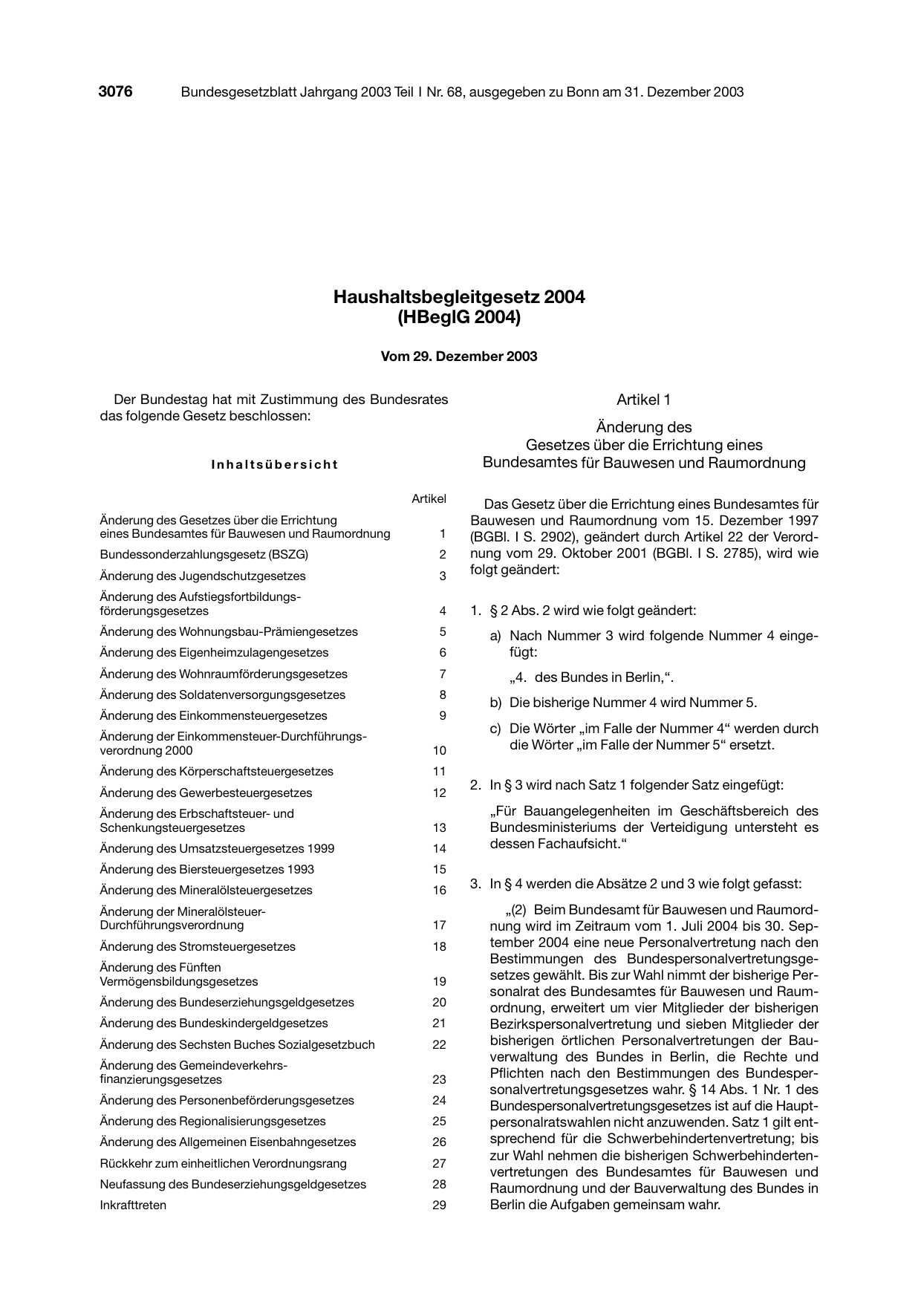 BGBl. 2003, Seite 3076 — Originalseite als Abbildung