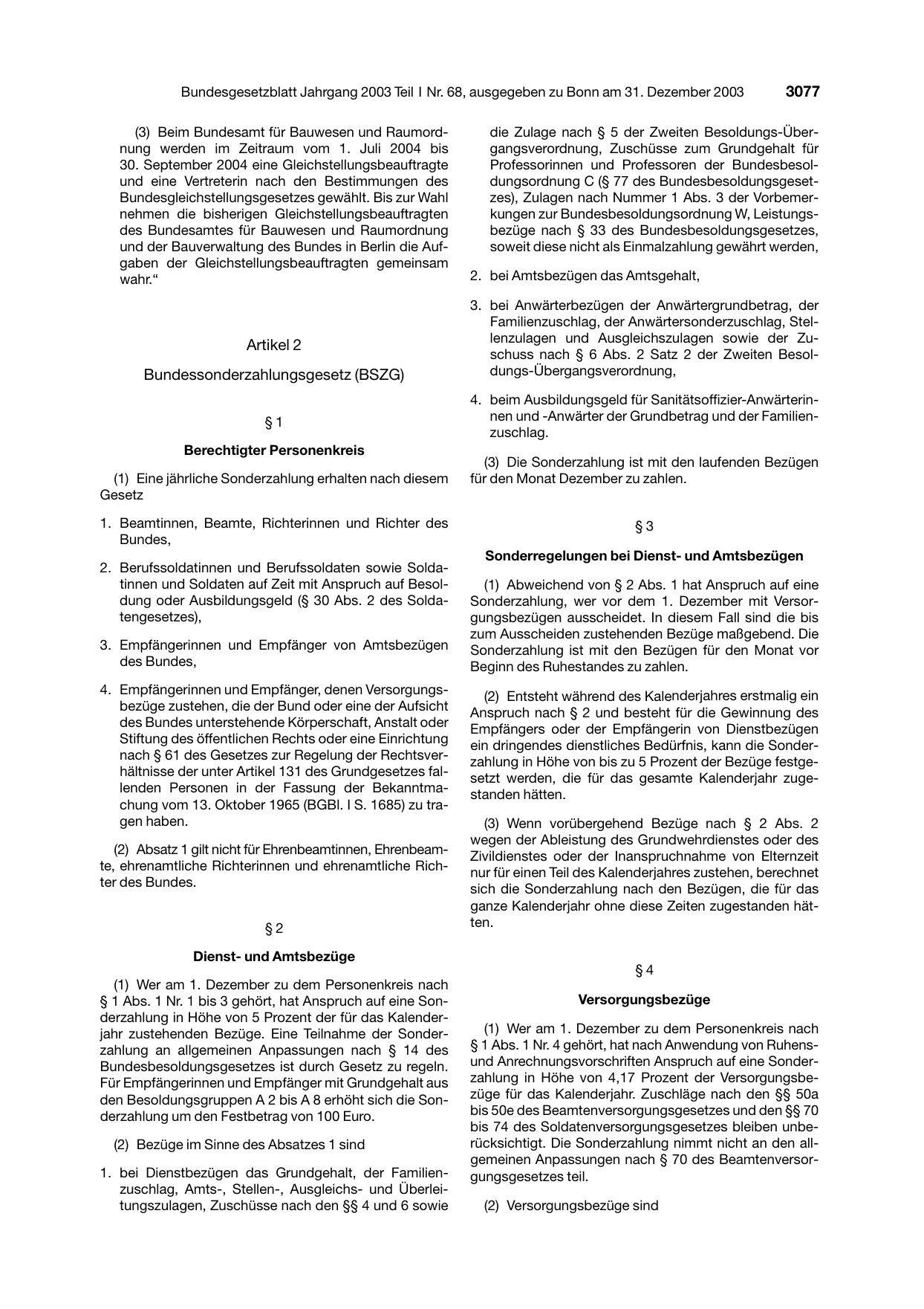 BGBl. 2003, Seite 3077 — Originalseite als Abbildung