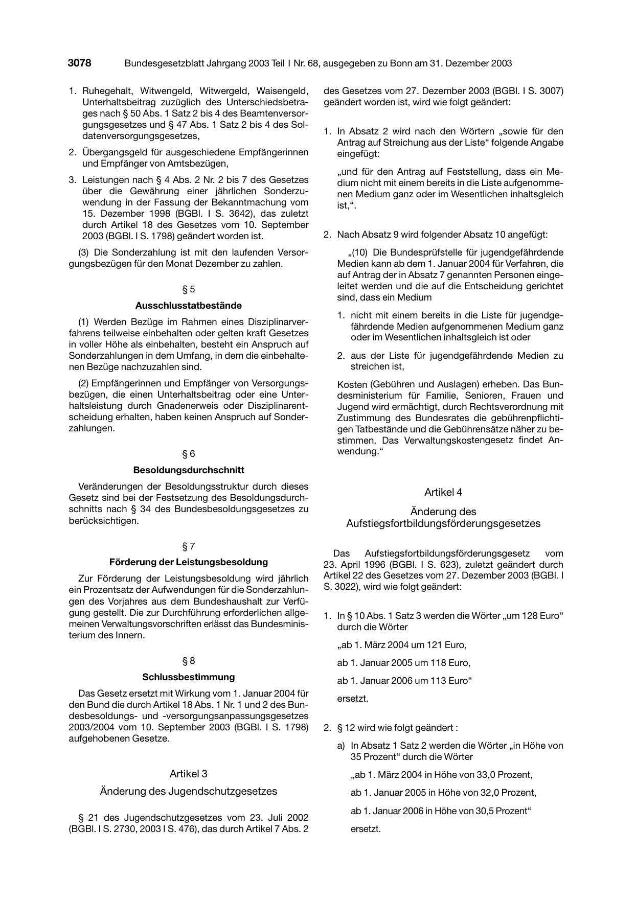 BGBl. 2003, Seite 3078 — Originalseite als Abbildung