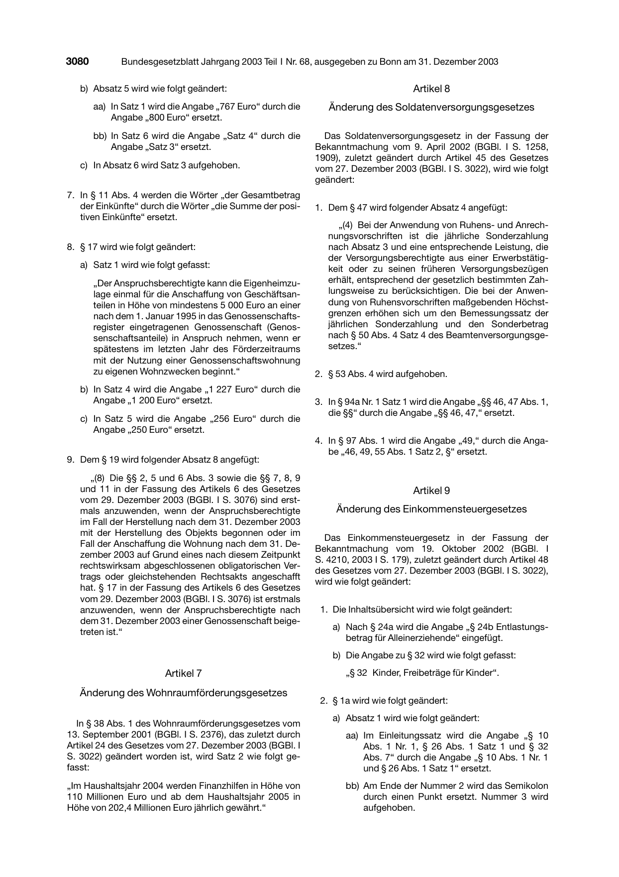 BGBl. 2003, Seite 3080 — Originalseite als Abbildung