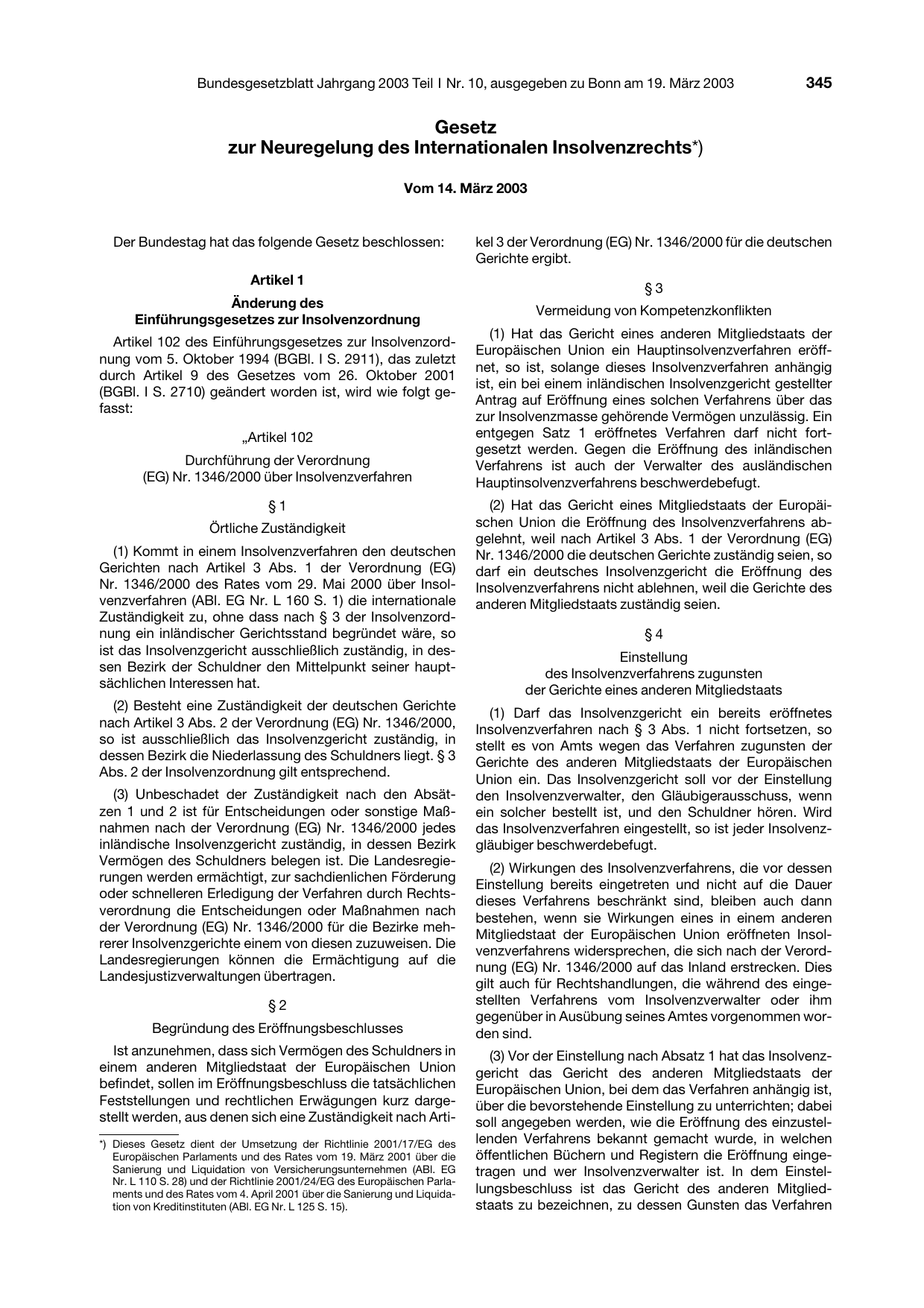 BGBl. 2003, Seite 345 — Originalseite als Abbildung