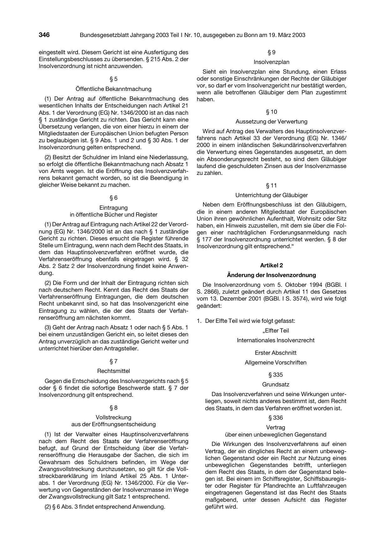BGBl. 2003, Seite 346 — Originalseite als Abbildung
