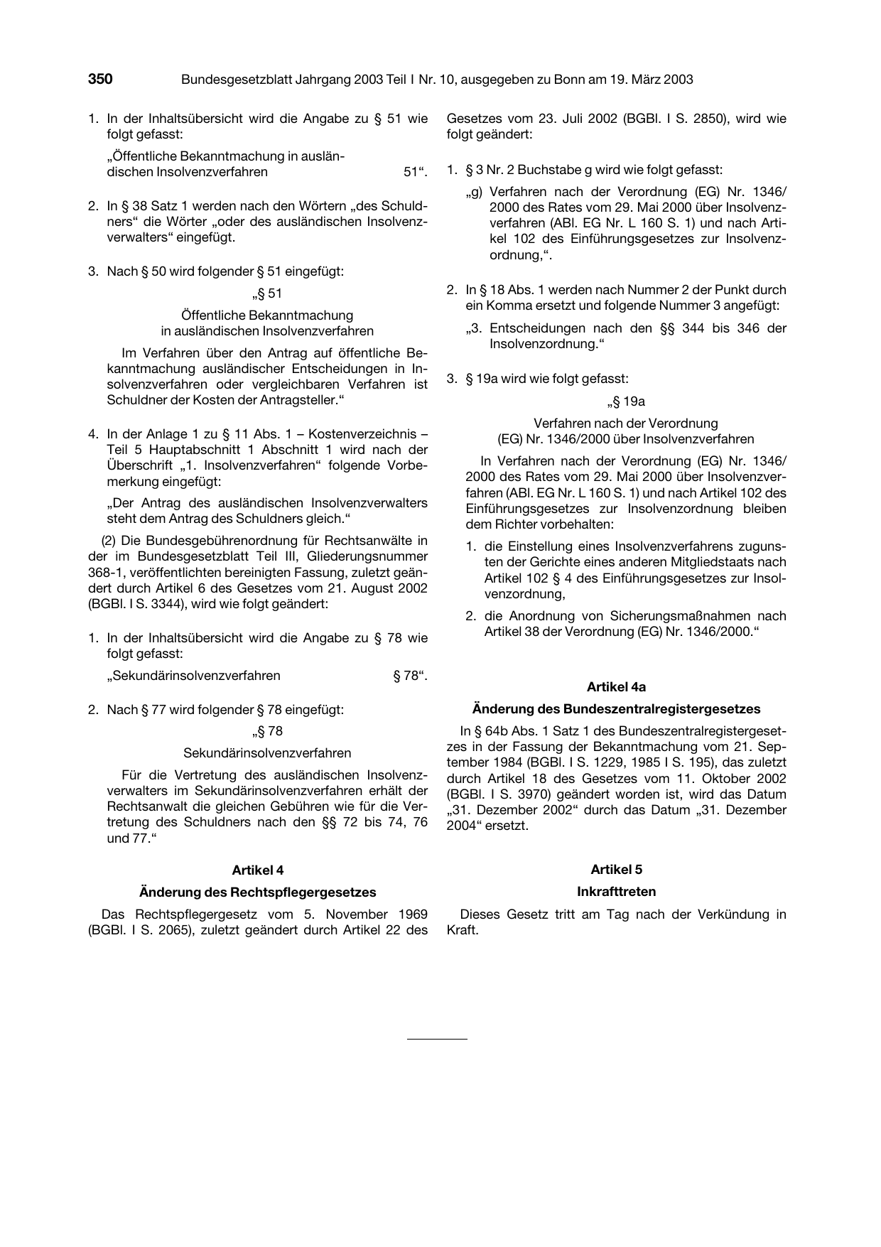 BGBl. 2003, Seite 350 — Originalseite als Abbildung