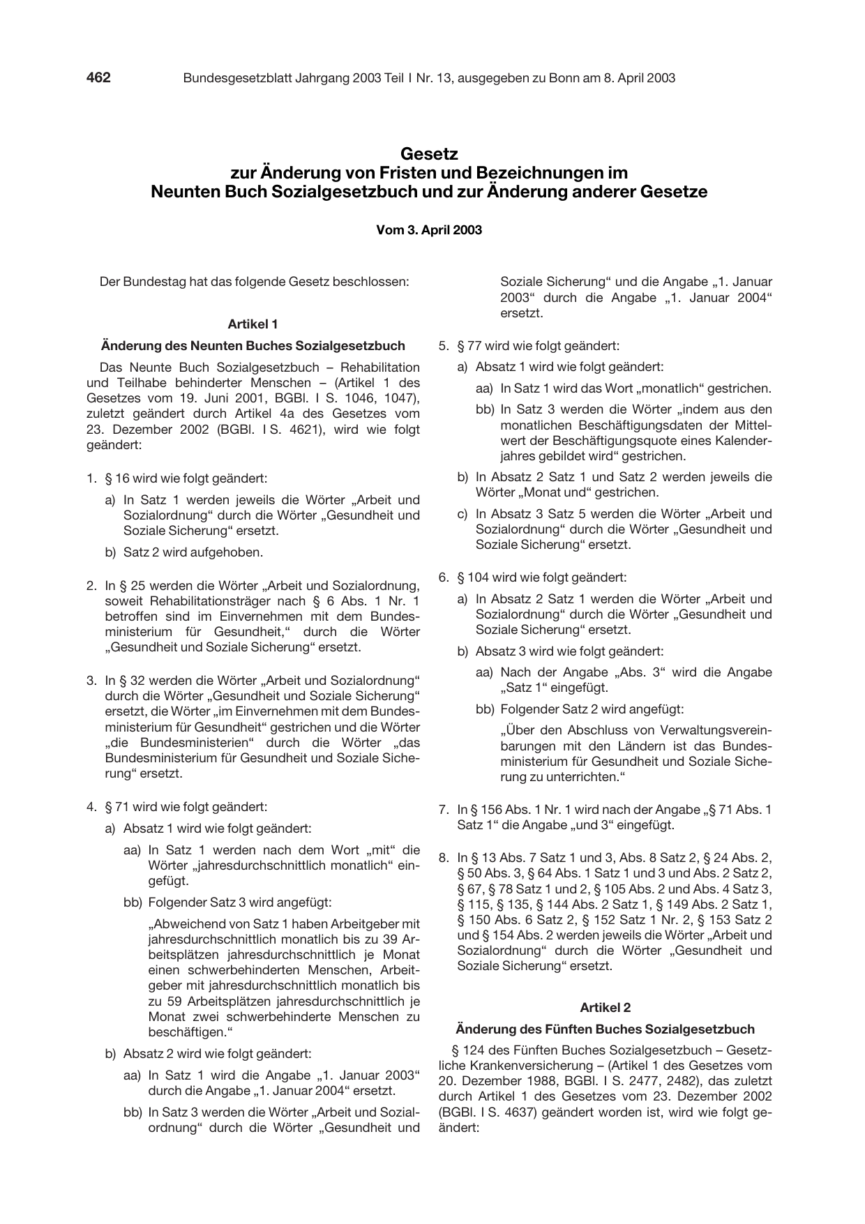 BGBl. 2003, Seite 462 — Originalseite als Abbildung