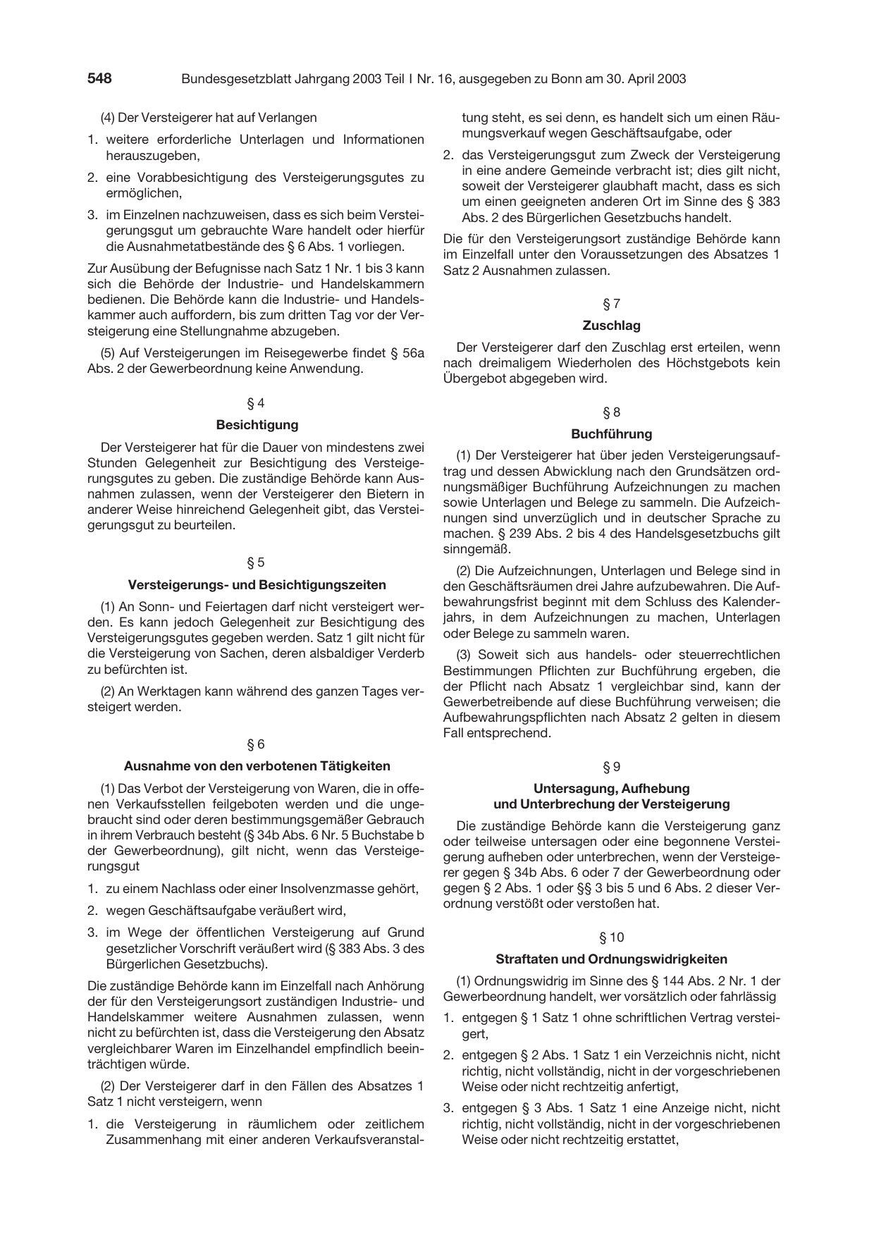 BGBl. 2003, Seite 548 — Originalseite als Abbildung