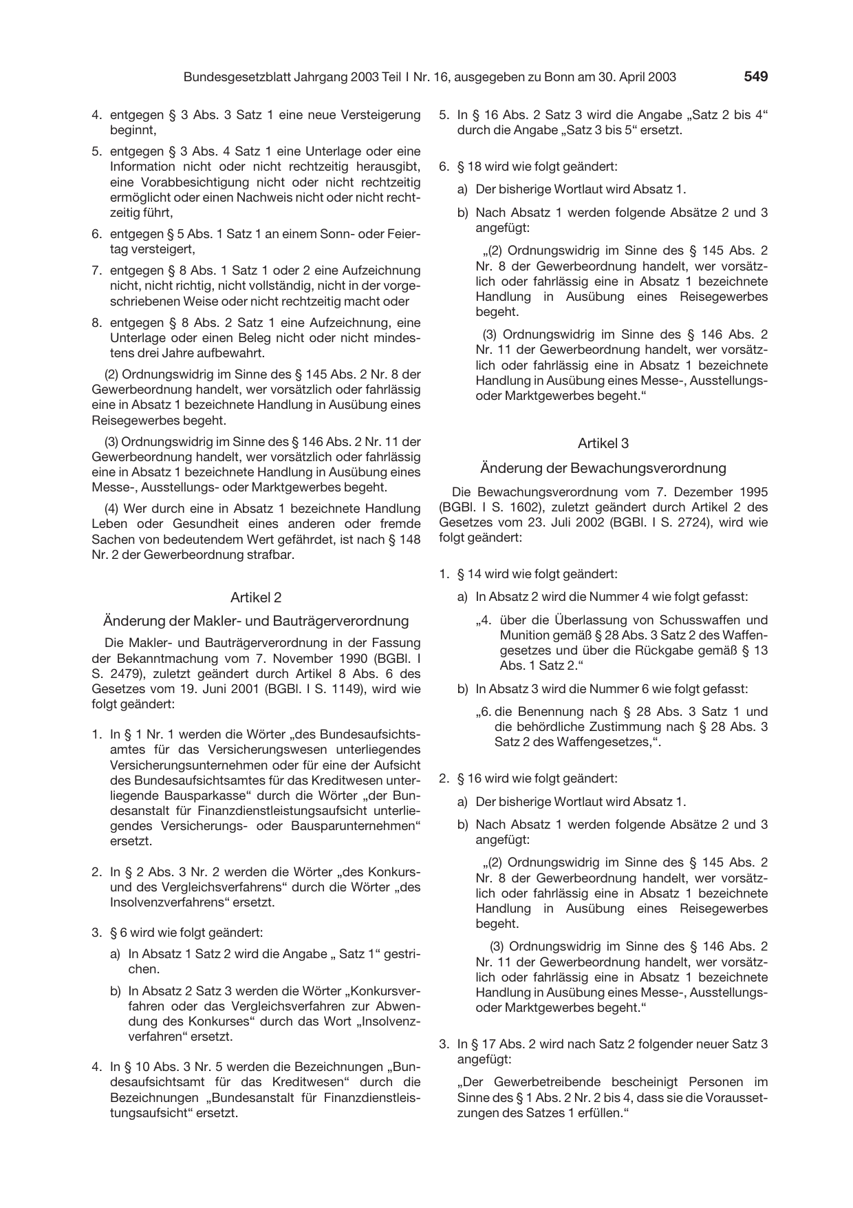 BGBl. 2003, Seite 549 — Originalseite als Abbildung