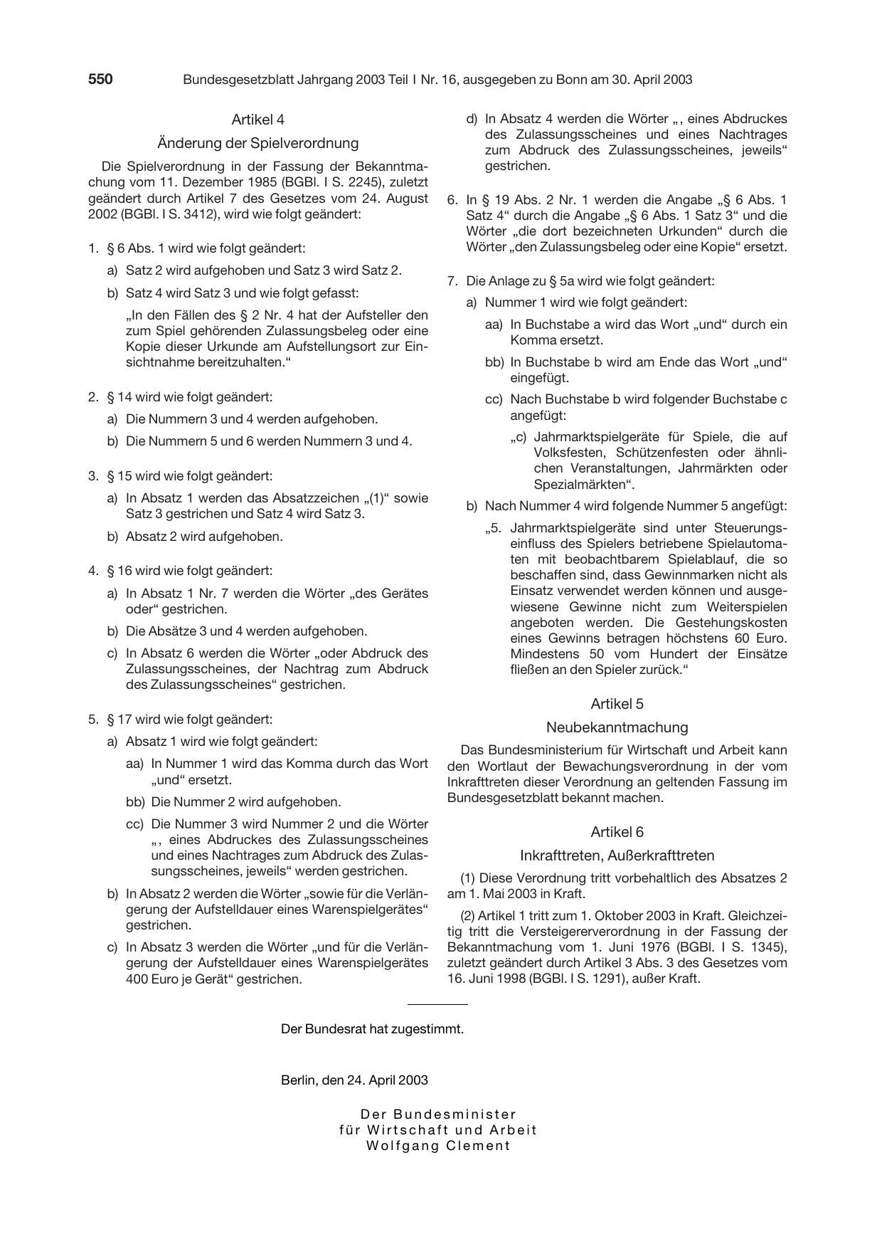 BGBl. 2003, Seite 550 — Originalseite als Abbildung