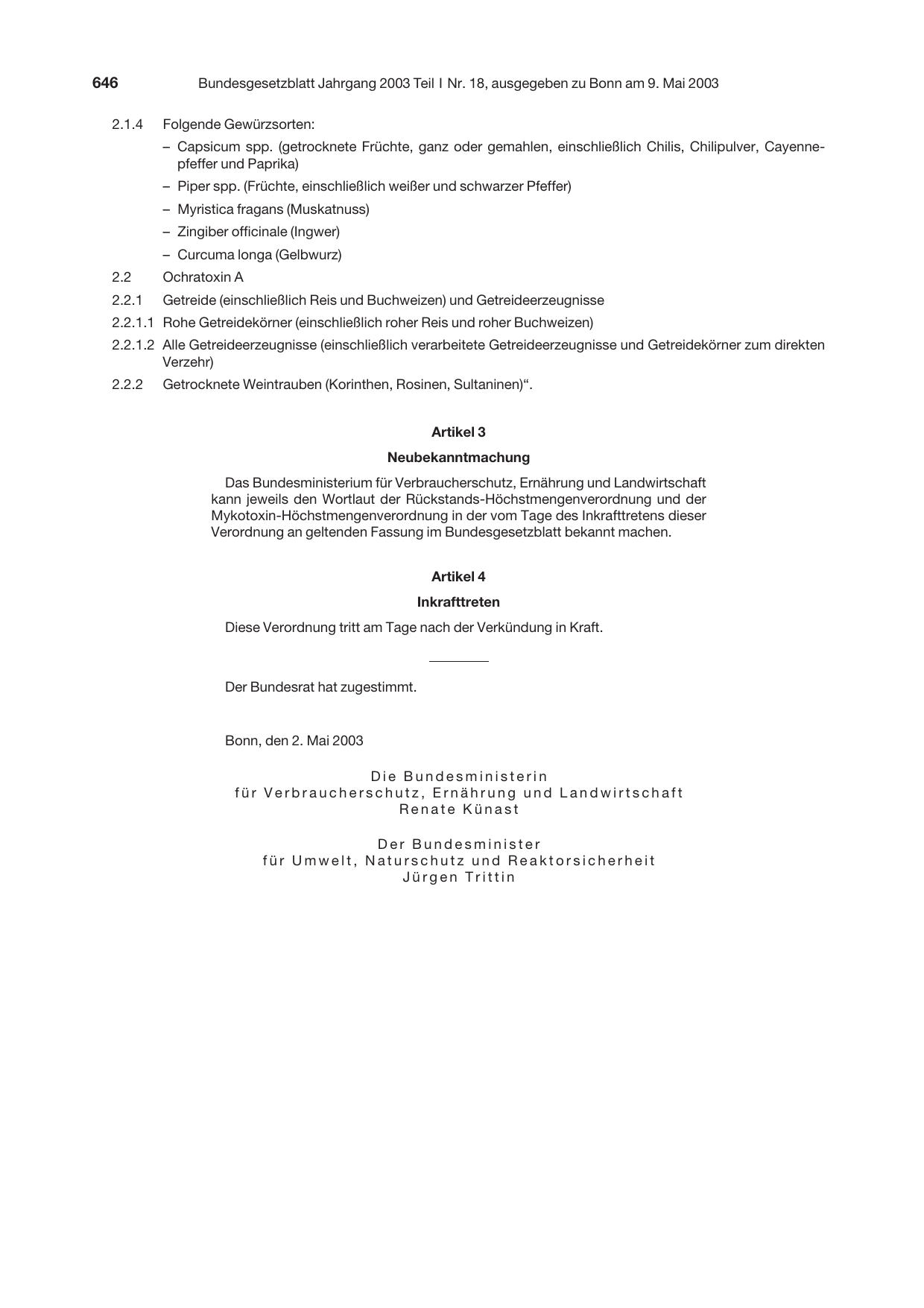 BGBl. 2003, Seite 646 — Originalseite als Abbildung