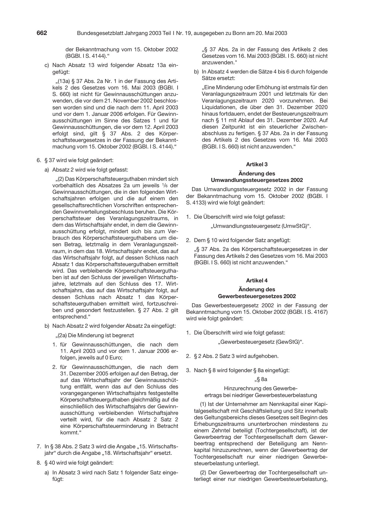 BGBl. 2003, Seite 662 — Originalseite als Abbildung