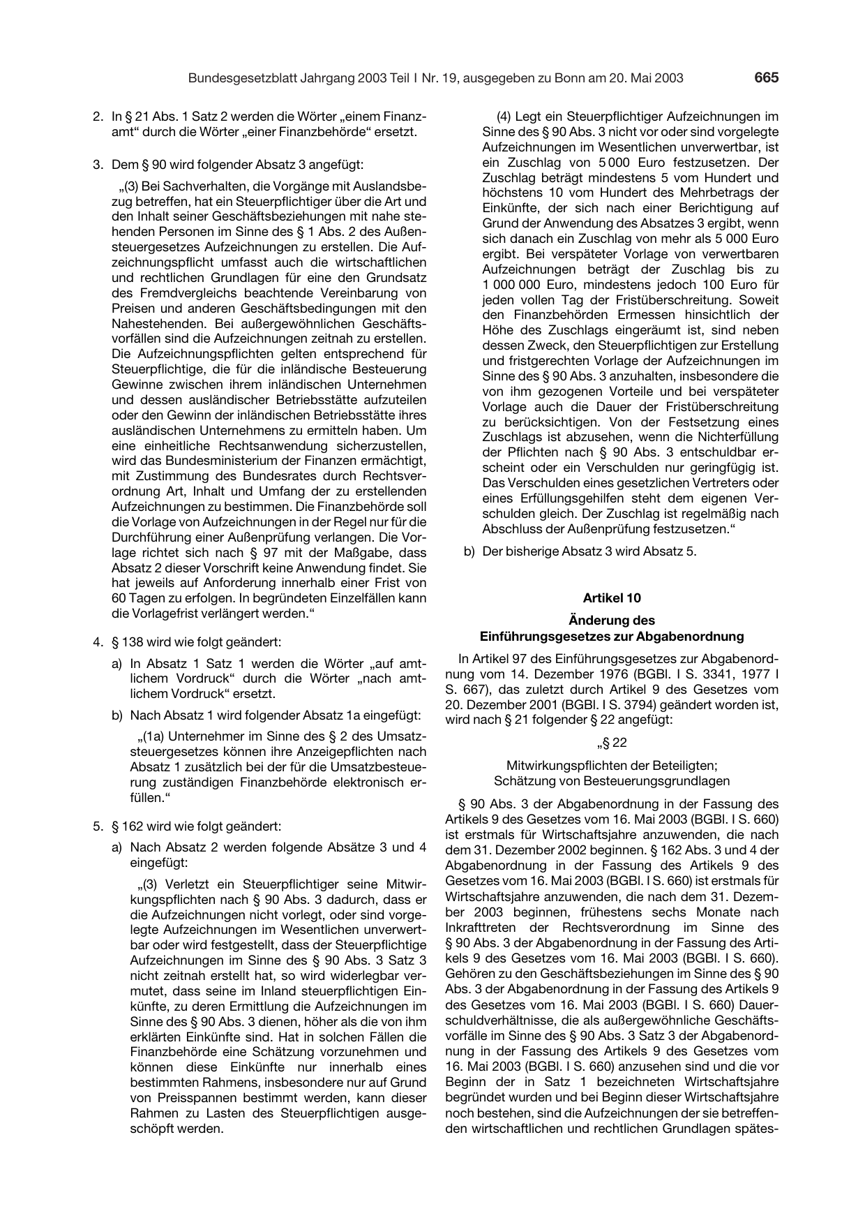 BGBl. 2003, Seite 665 — Originalseite als Abbildung