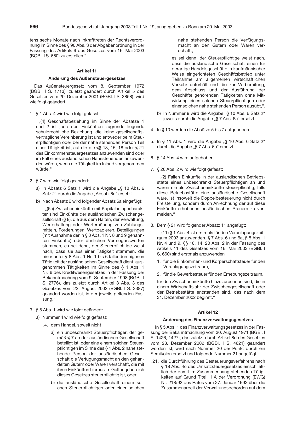 BGBl. 2003, Seite 666 — Originalseite als Abbildung