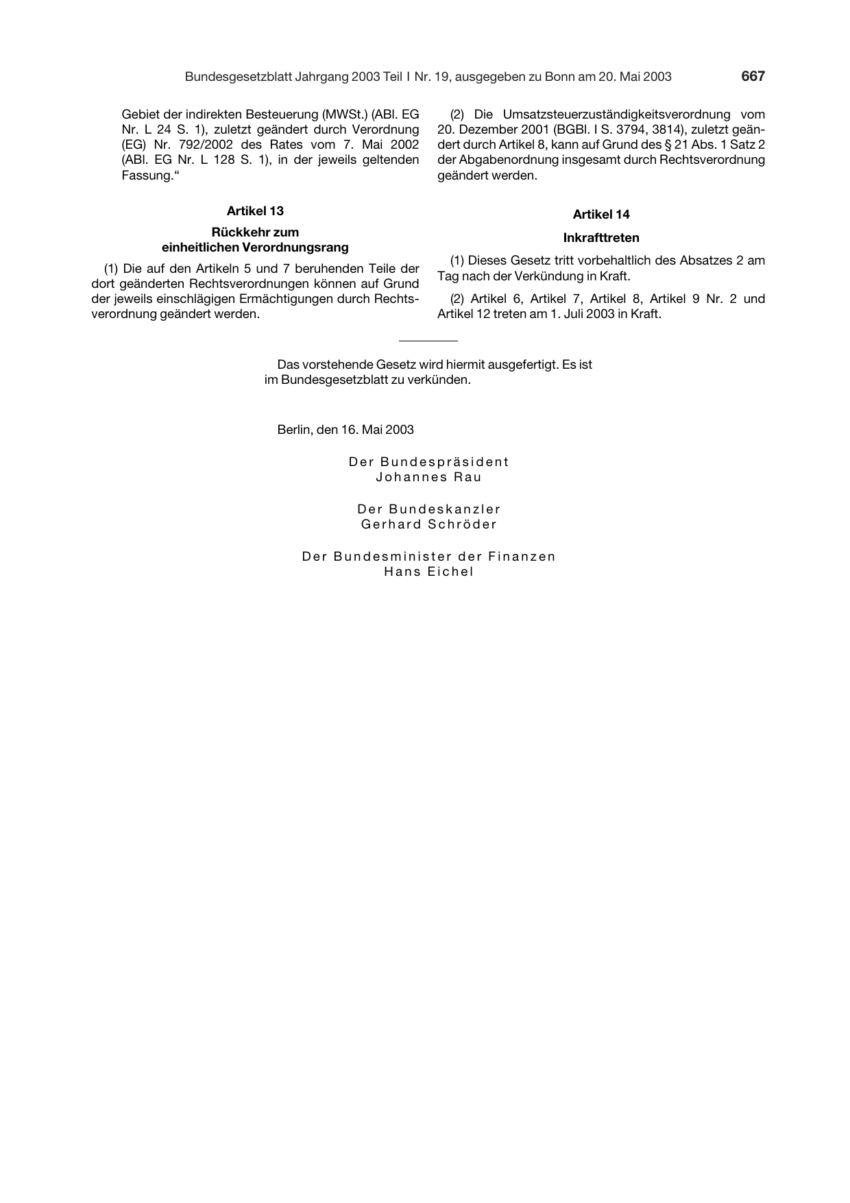 BGBl. 2003, Seite 667 — Originalseite als Abbildung