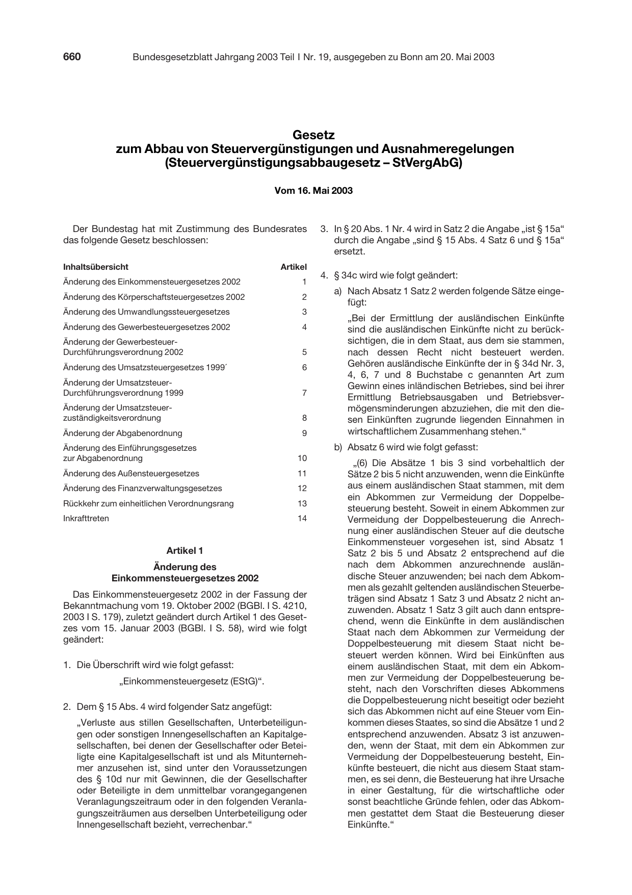 BGBl. 2003, Seite 660 — Originalseite als Abbildung