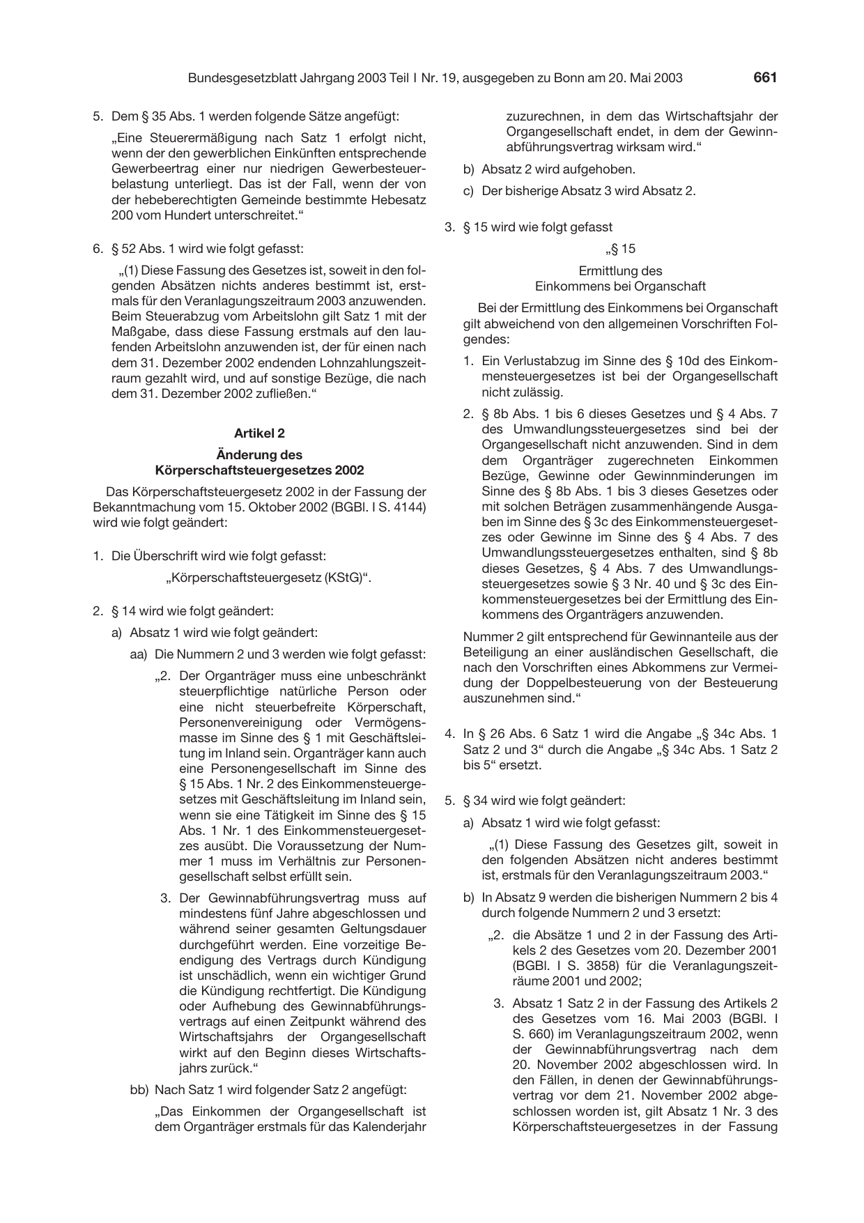 BGBl. 2003, Seite 661 — Originalseite als Abbildung