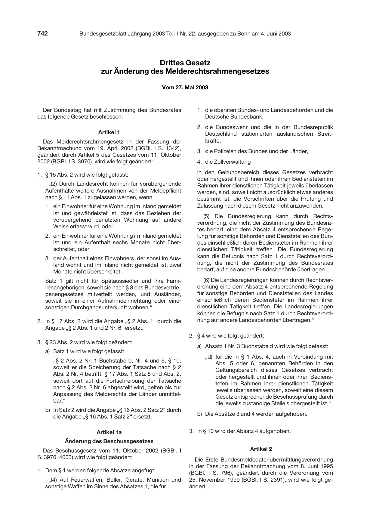 BGBl. 2003, Seite 742 — Originalseite als Abbildung