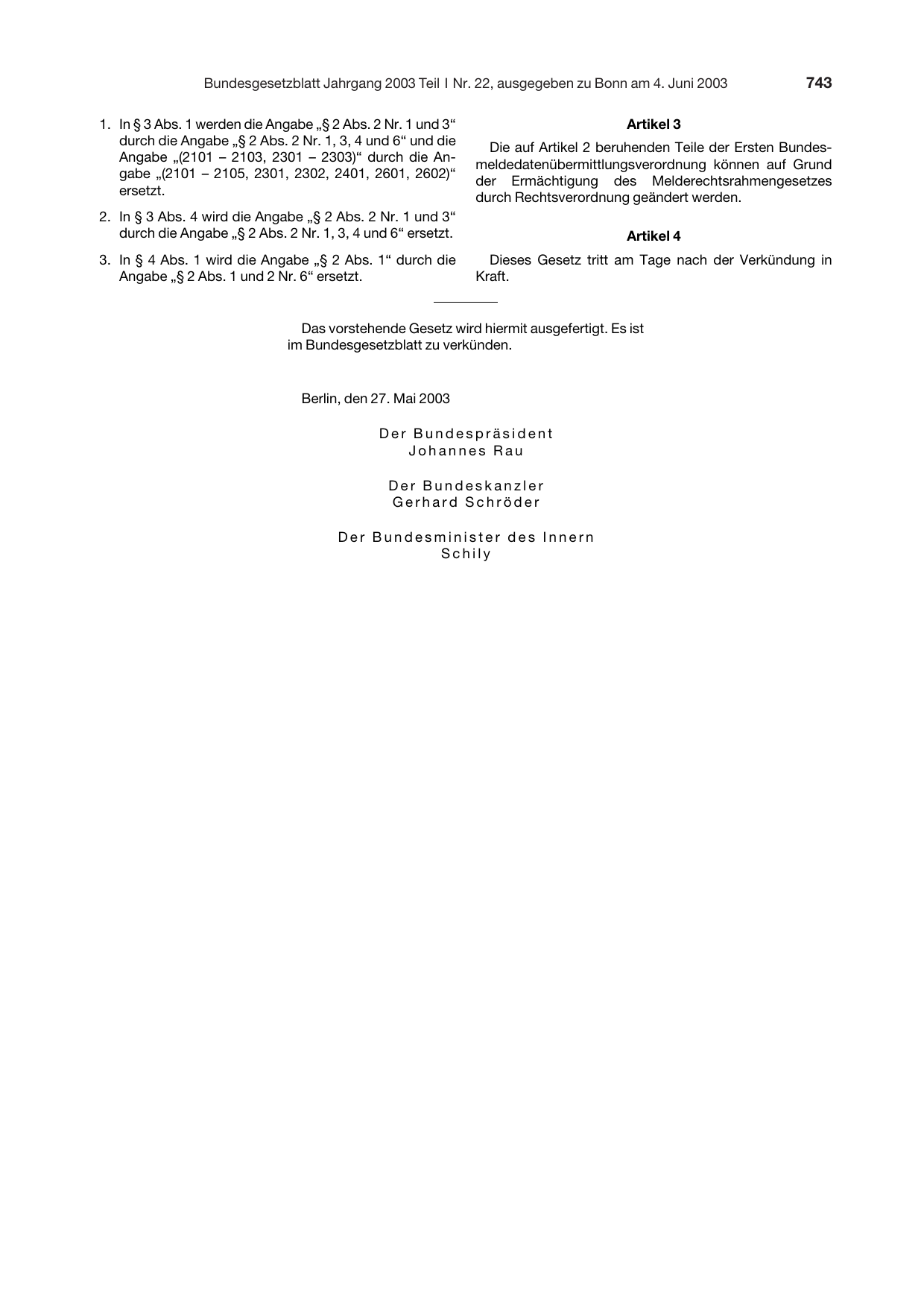BGBl. 2003, Seite 743 — Originalseite als Abbildung