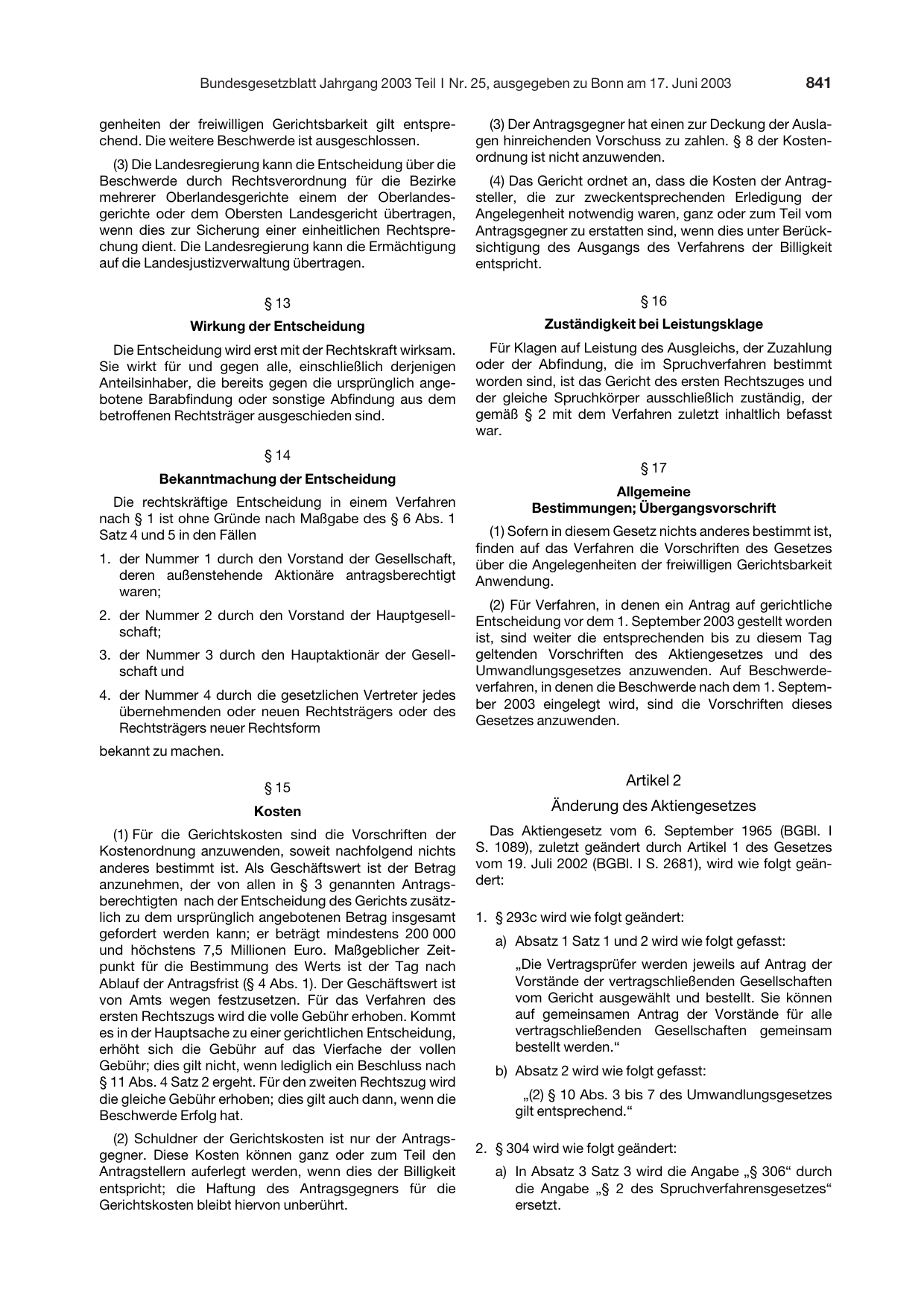 BGBl. 2003, Seite 841 — Originalseite als Abbildung