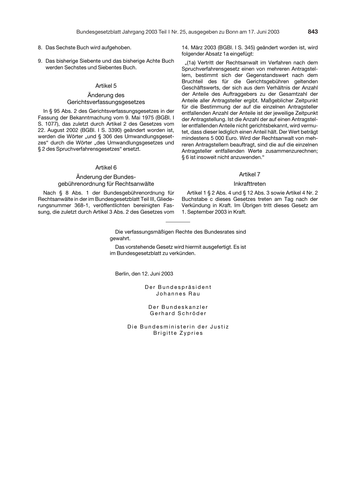 BGBl. 2003, Seite 843 — Originalseite als Abbildung