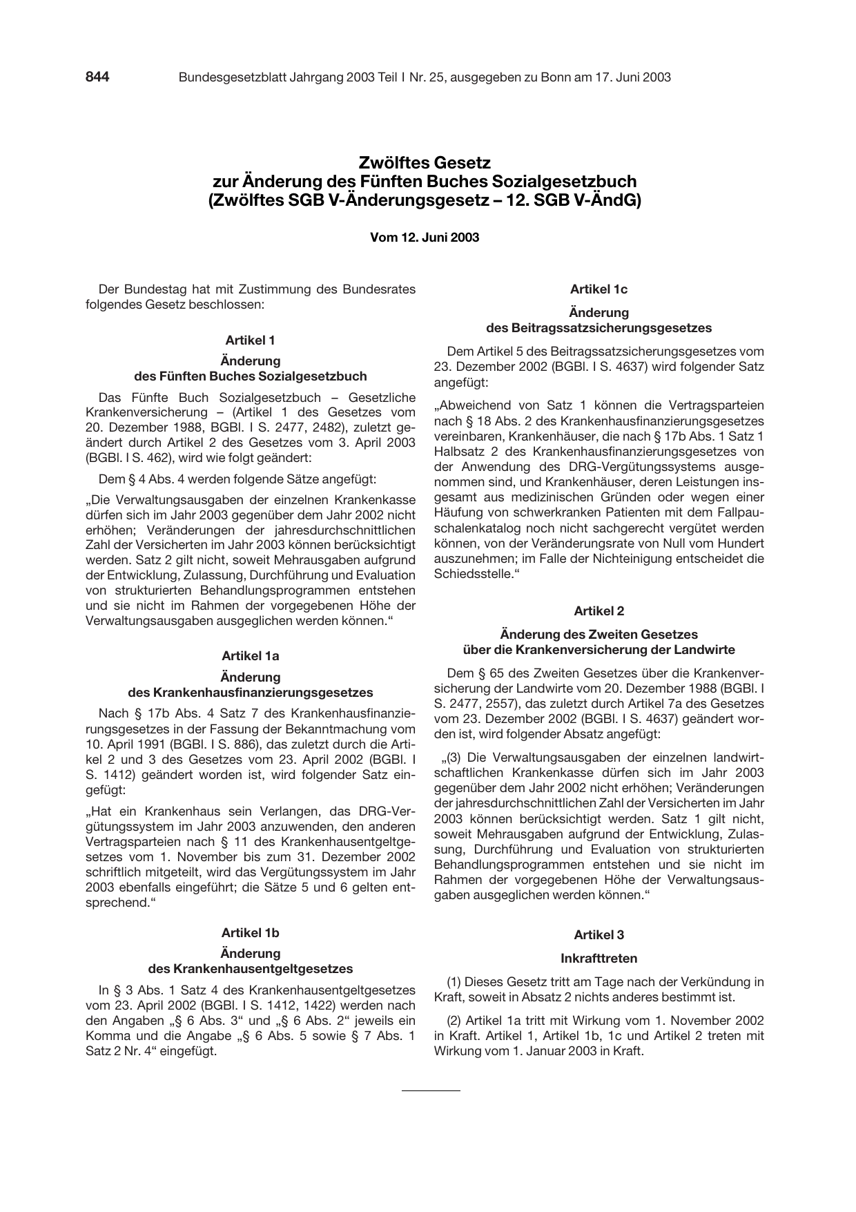 BGBl. 2003, Seite 844 — Originalseite als Abbildung