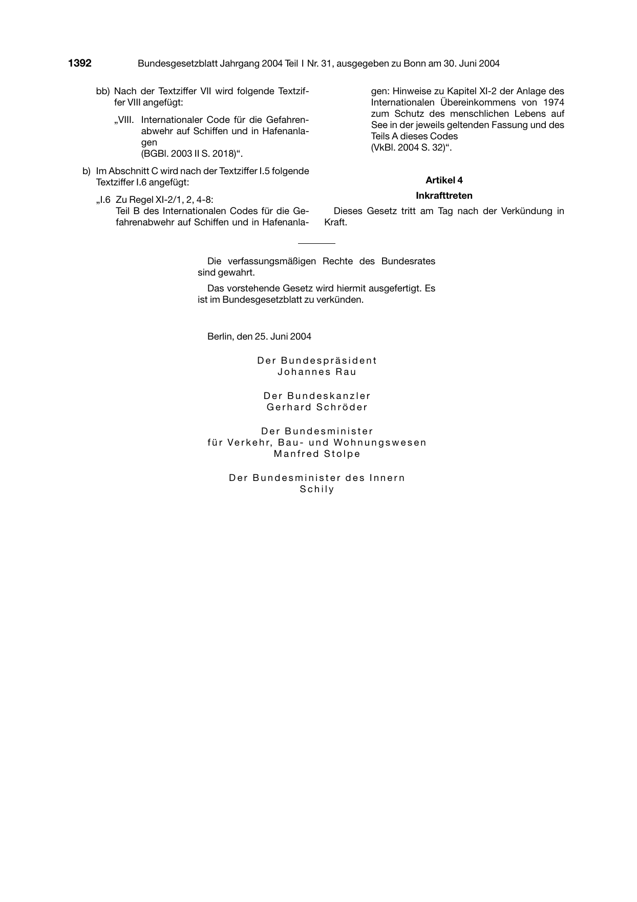 BGBl. 2004, Seite 1392 — Originalseite als Abbildung