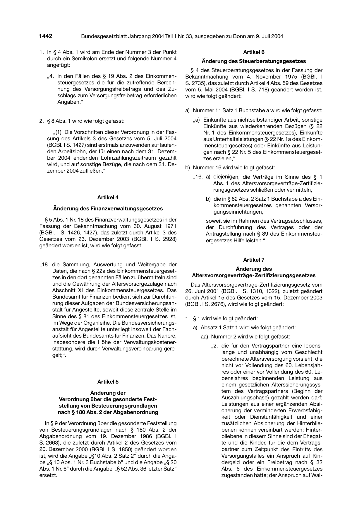BGBl. 2004, Seite 1442 — Originalseite als Abbildung