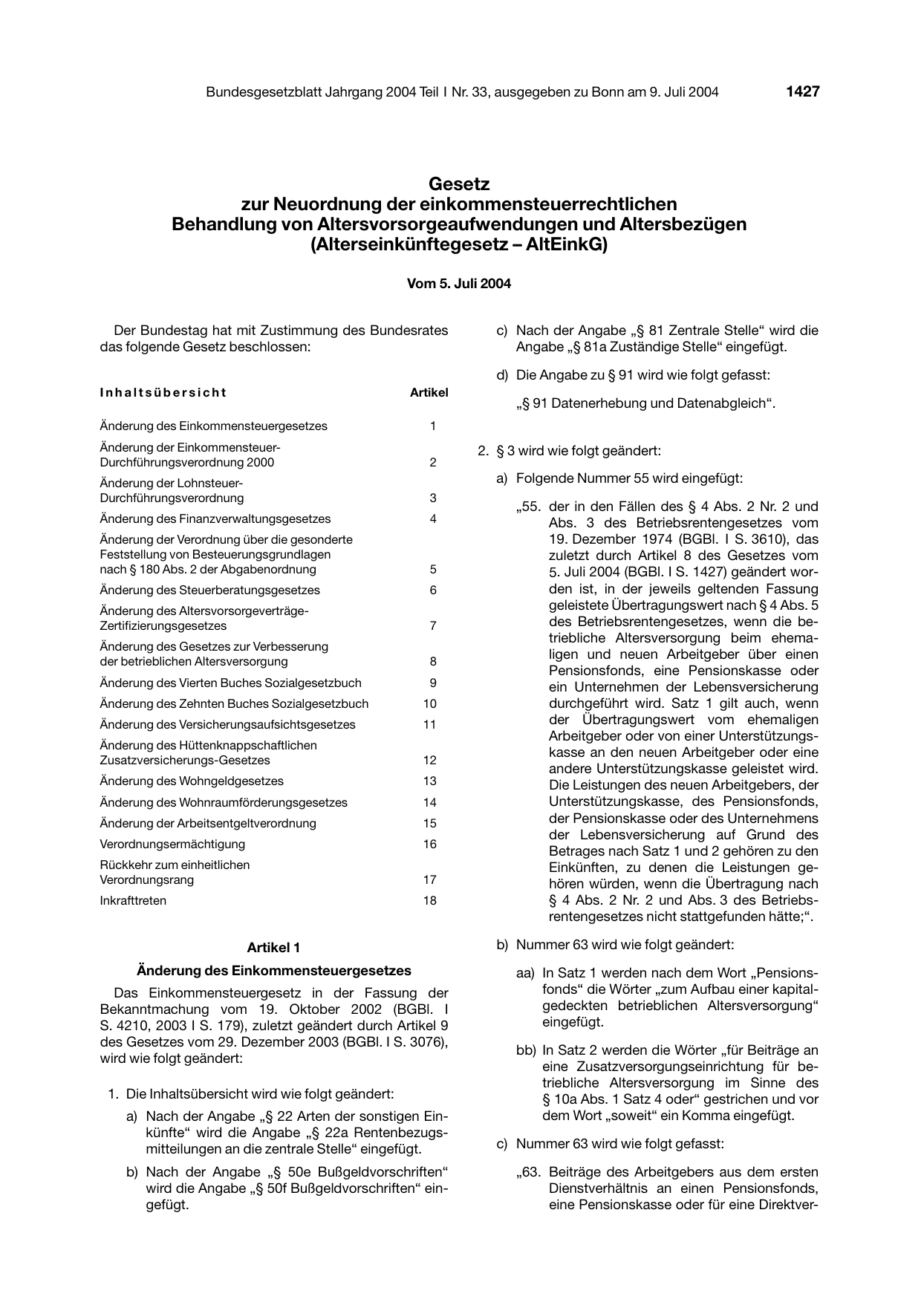 BGBl. 2004, Seite 1427 — Originalseite als Abbildung