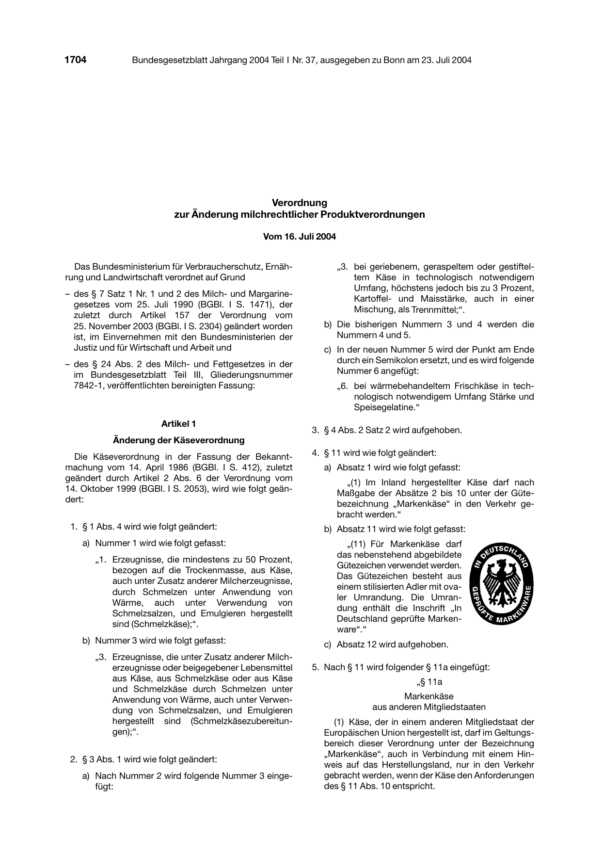 BGBl. 2004, Seite 1704 — Originalseite als Abbildung