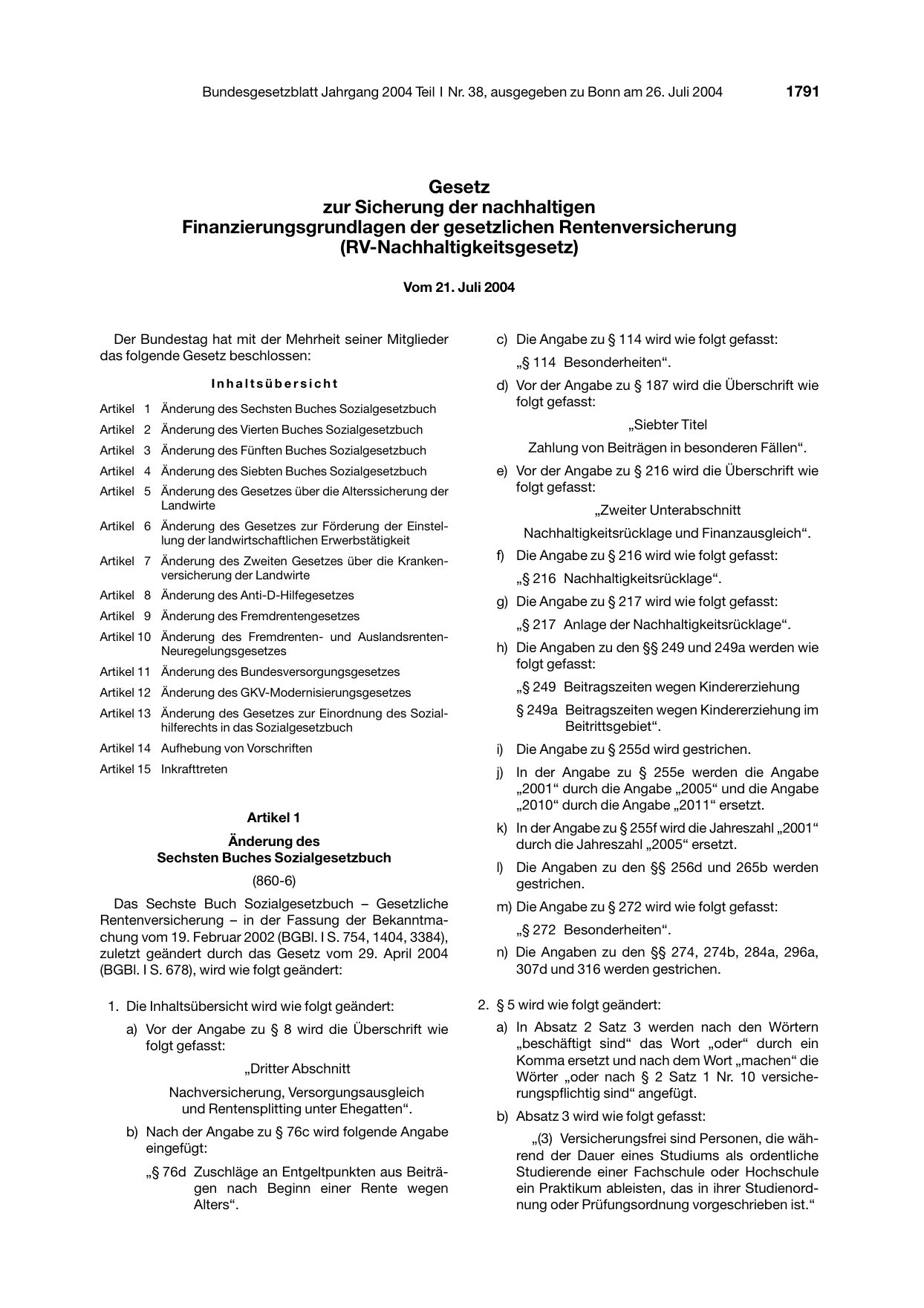 BGBl. 2004, Seite 1791 — Originalseite als Abbildung