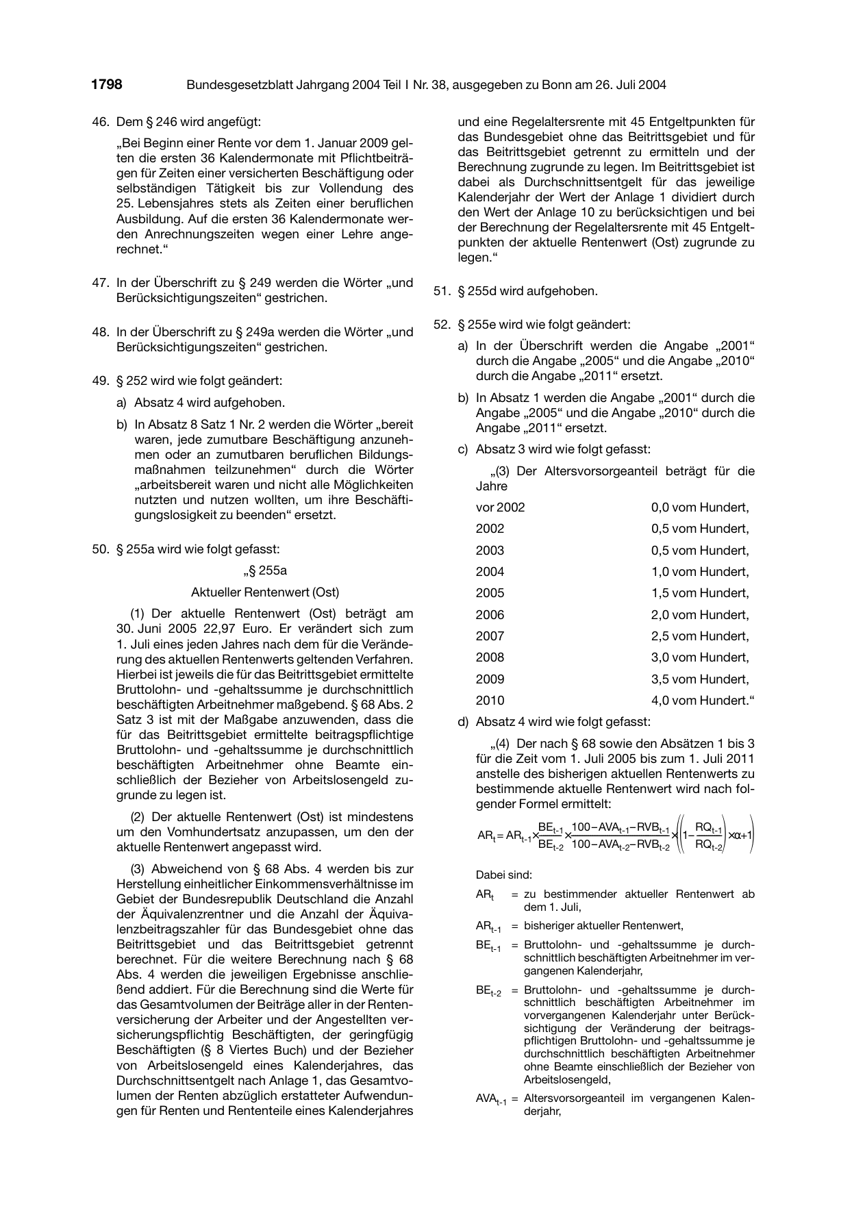 BGBl. 2004, Seite 1798 — Originalseite als Abbildung