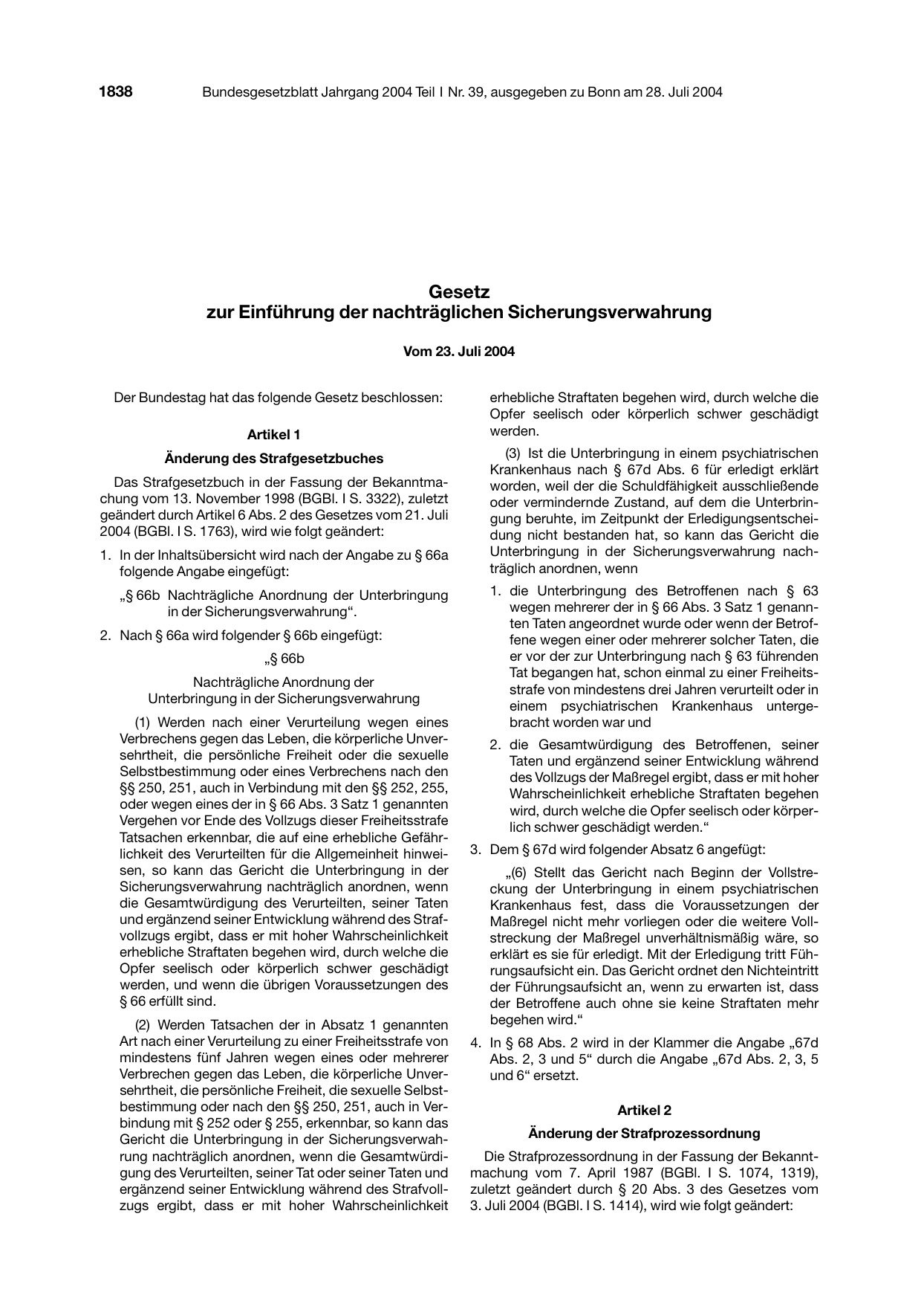 BGBl. 2004, Seite 1838 — Originalseite als Abbildung