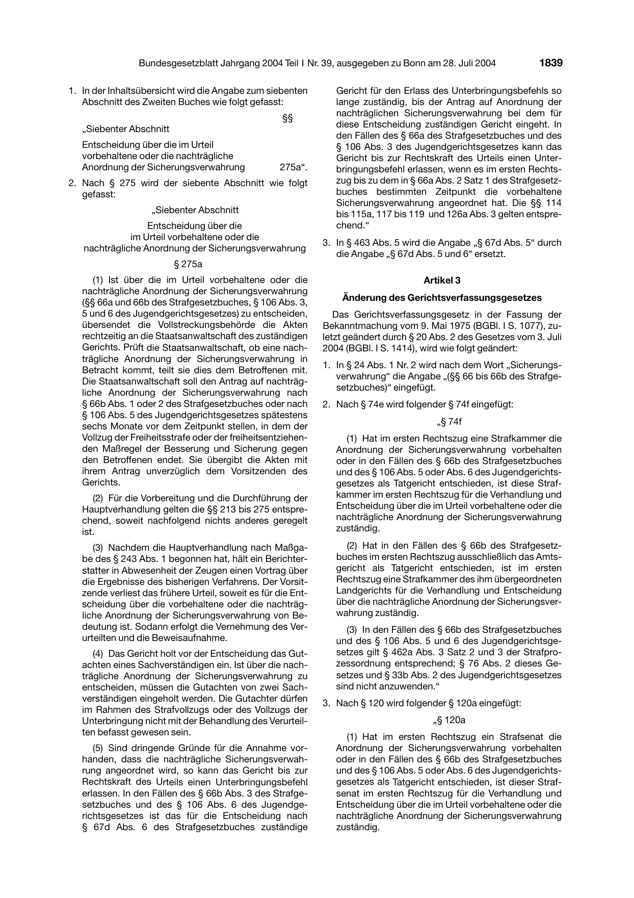 BGBl. 2004, Seite 1839 — Originalseite als Abbildung