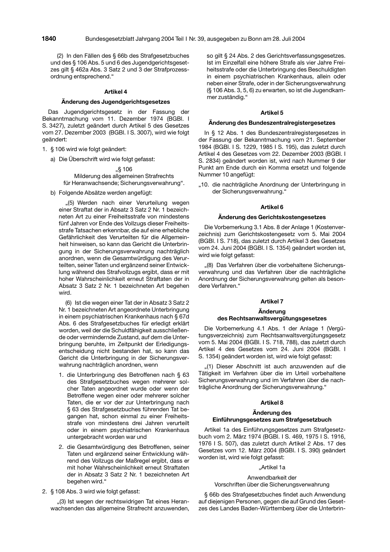 BGBl. 2004, Seite 1840 — Originalseite als Abbildung