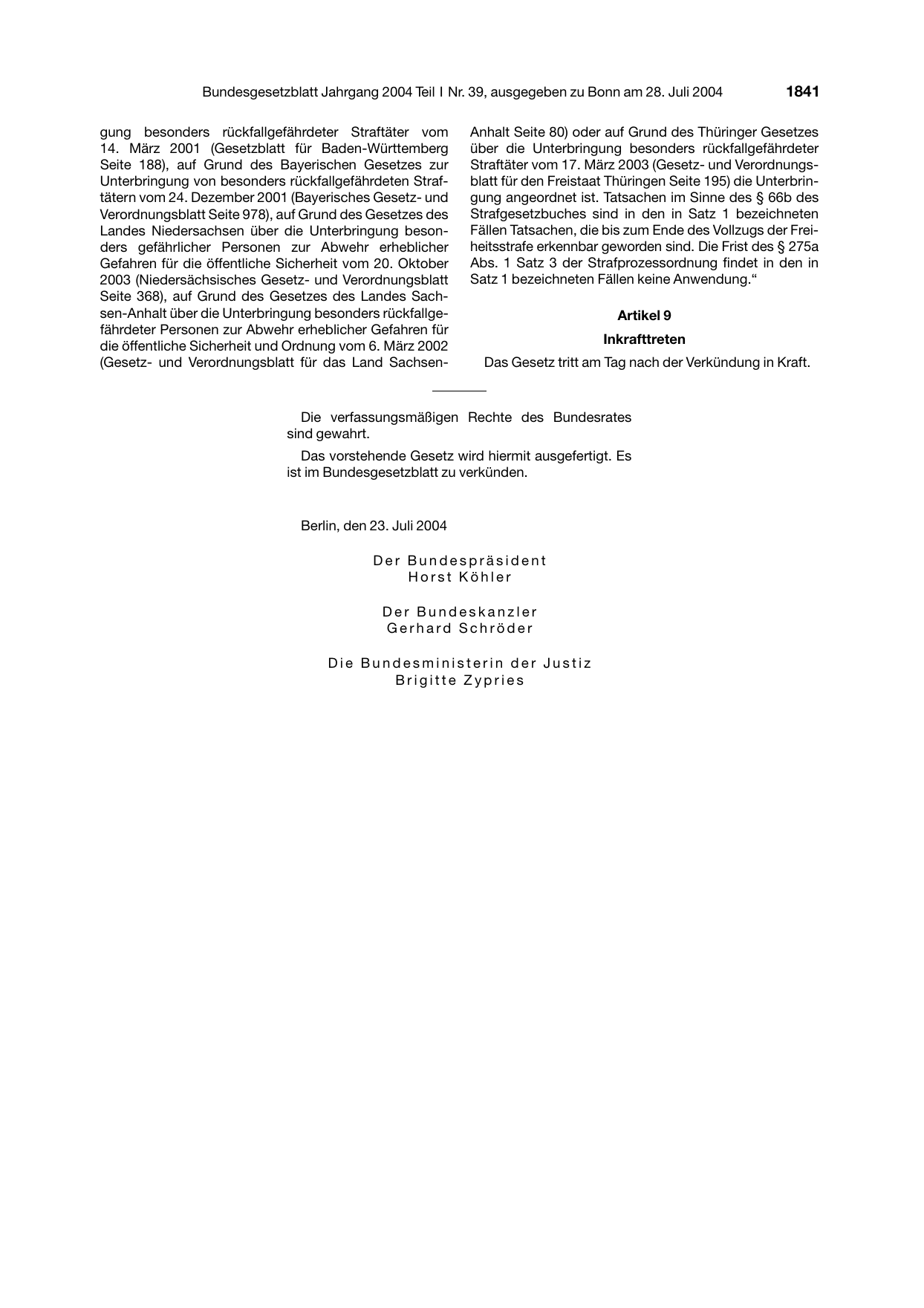 BGBl. 2004, Seite 1841 — Originalseite als Abbildung