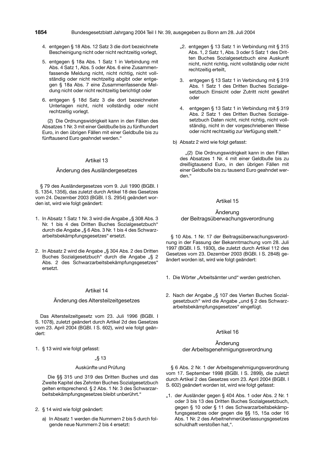BGBl. 2004, Seite 1854 — Originalseite als Abbildung