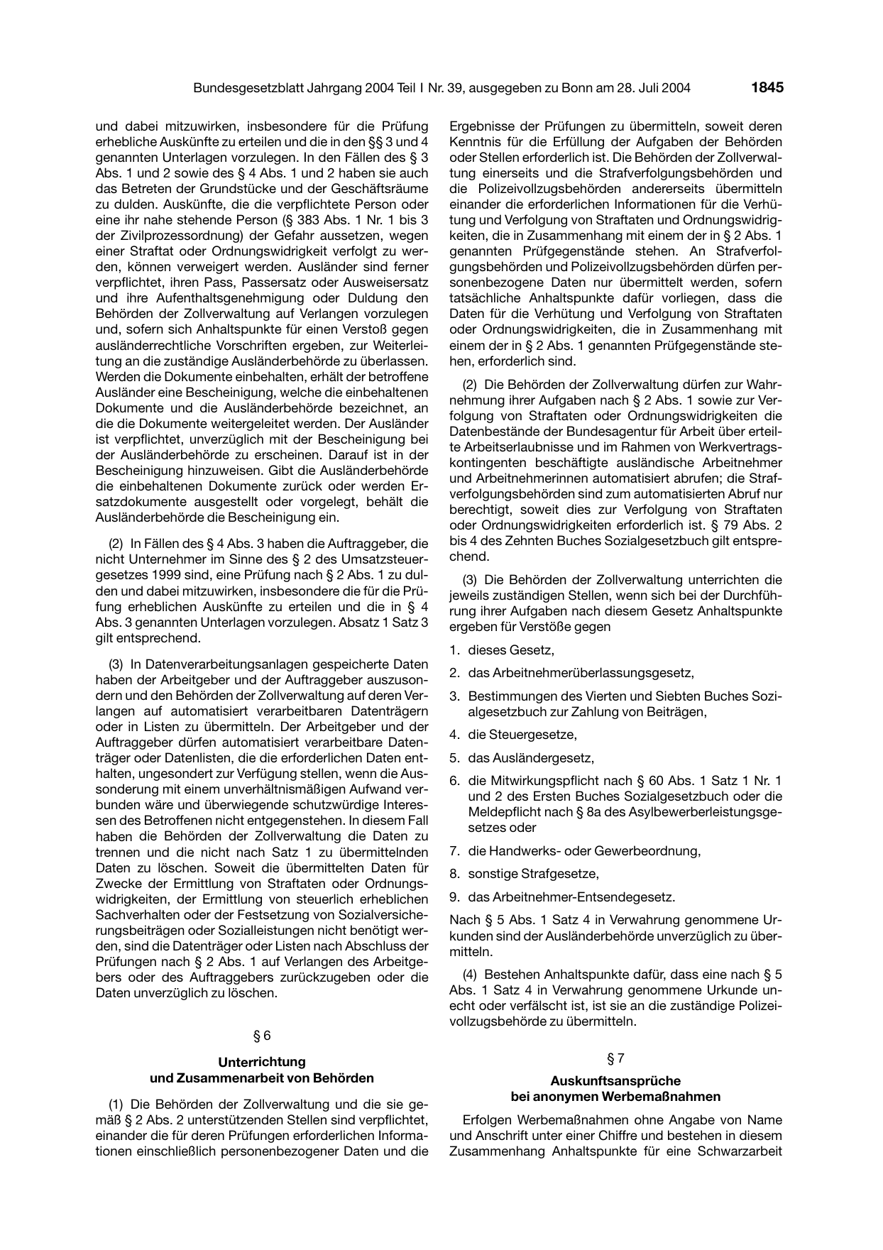 BGBl. 2004, Seite 1845 — Originalseite als Abbildung